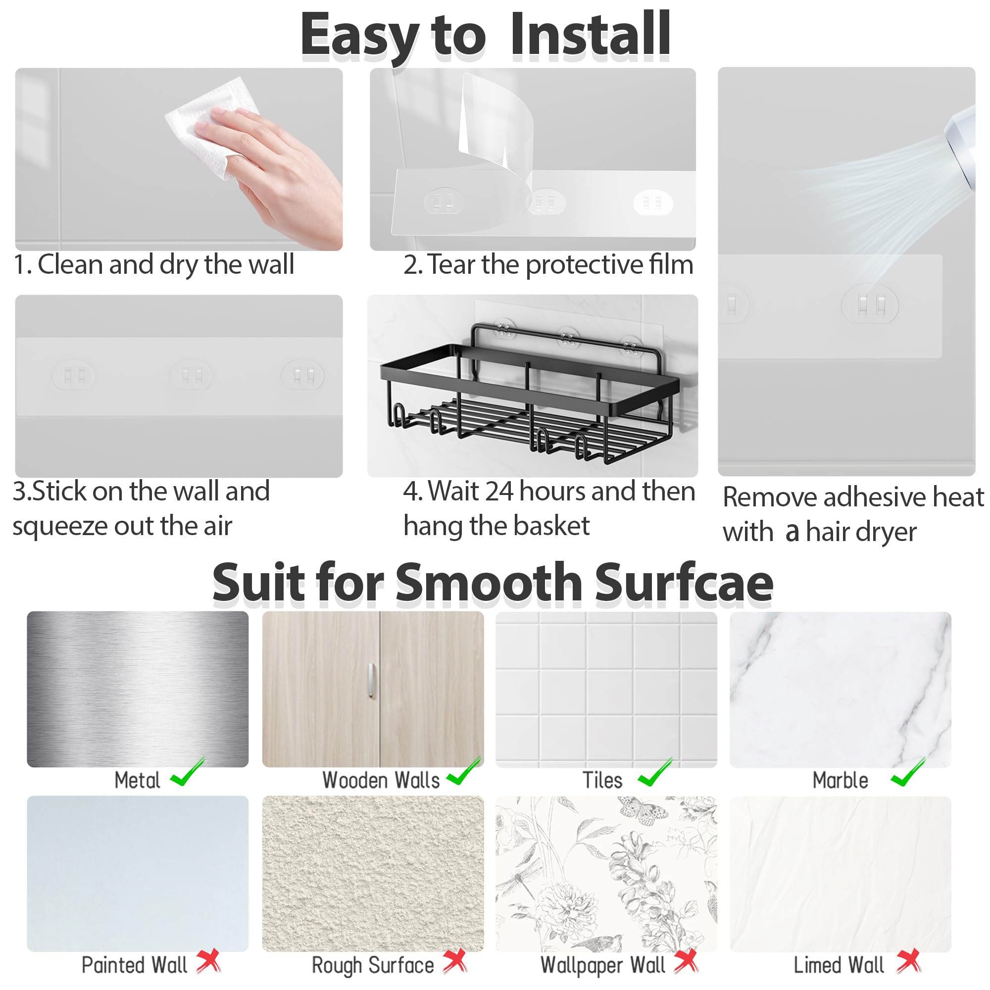 Shower Caddy Organizer Rack Shelf for Inside Shower, Adhesive Bathroom Wall Storage Basket Rustproof Stainless Steel