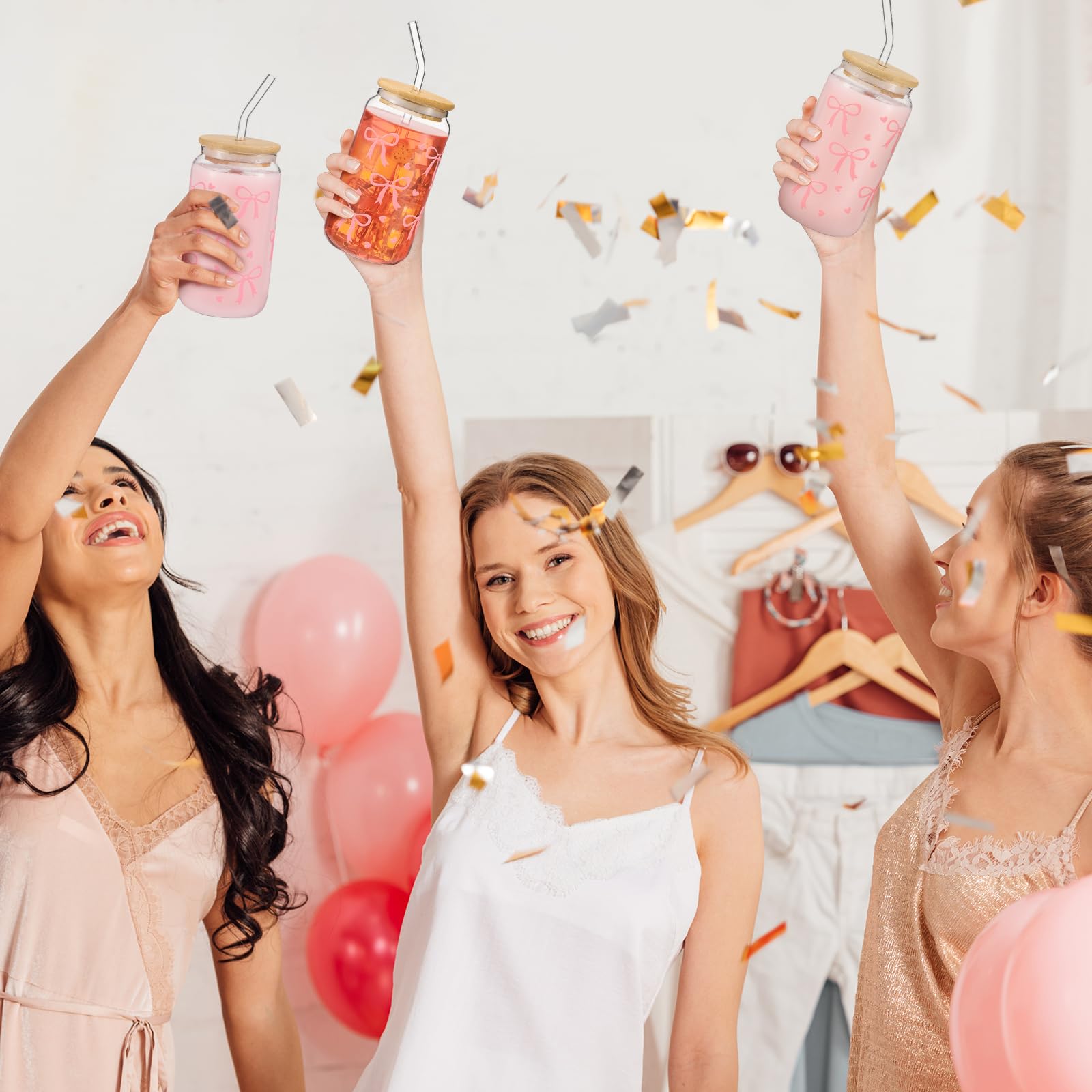 Vintage Coquette Bow Aesthetic Cup, 16 oz Dainty Pink Glass Cup with Lid and Straw