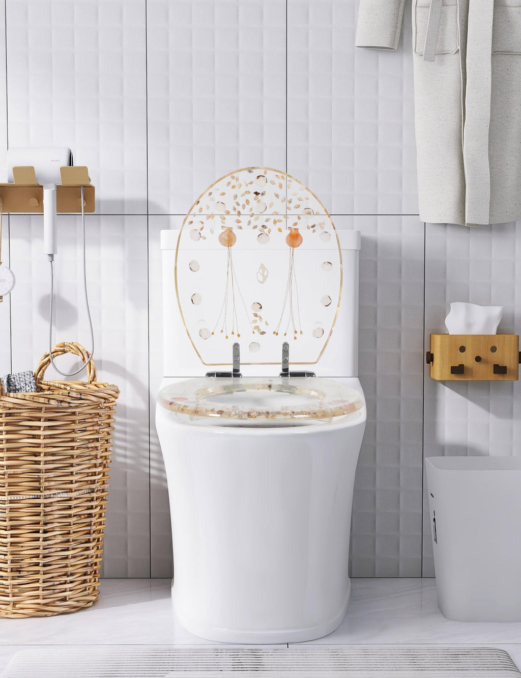 Round Resin Toilet Seat Glitter Soft Close Quick Release Metal Zinc Alloy Hinge Easy to Install also Easy to Clean, Decorative Acrylic Seats (17 Inch)