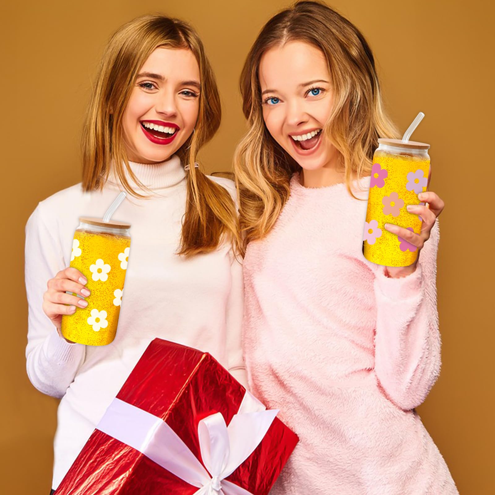 Daisy Glass Cup with Lid & Straw, Cute, 16oz