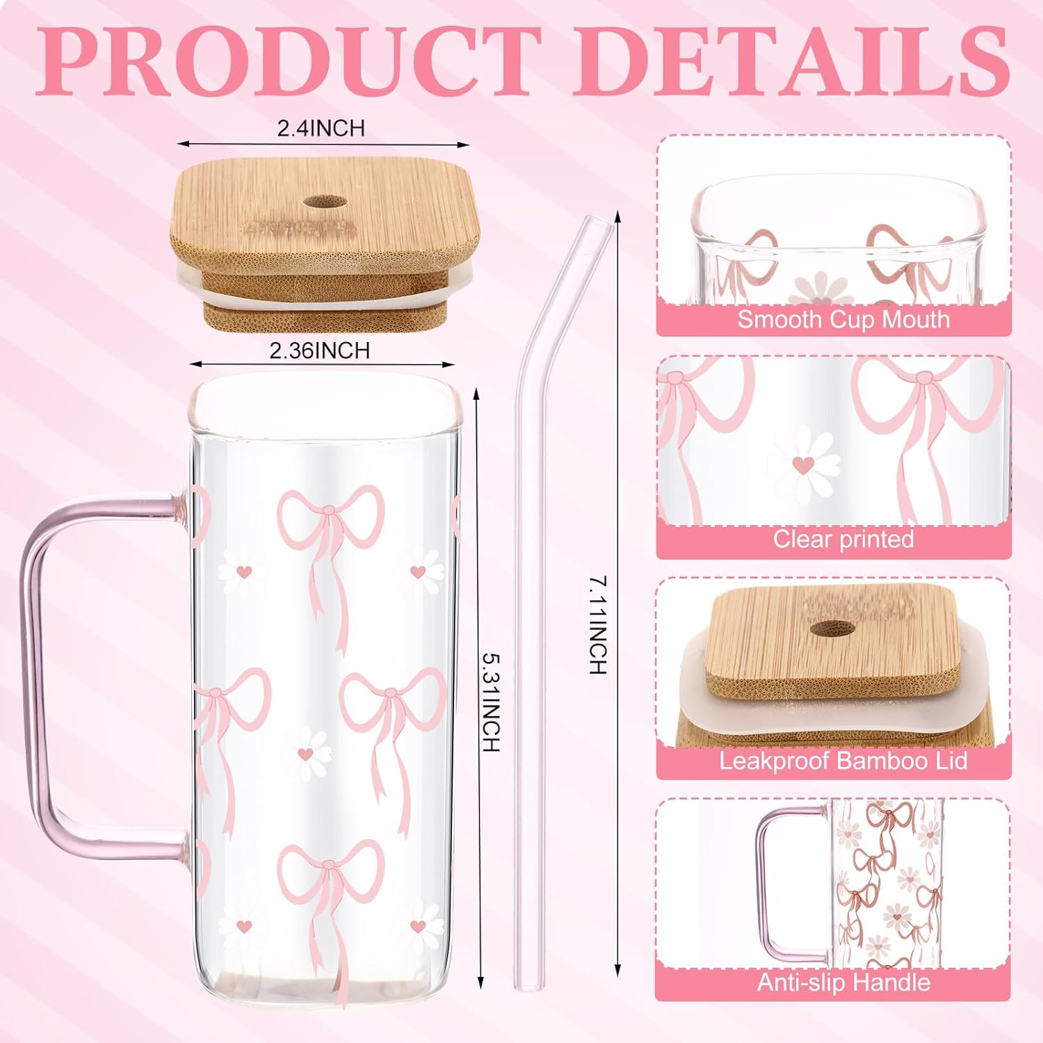 Coquette Pink Bow Glass Cup with Bamboo Lid and Straw for Women, 13. 5oz Coquette Aesthtic Drinking Tumbler Bow Square Cup with Handle