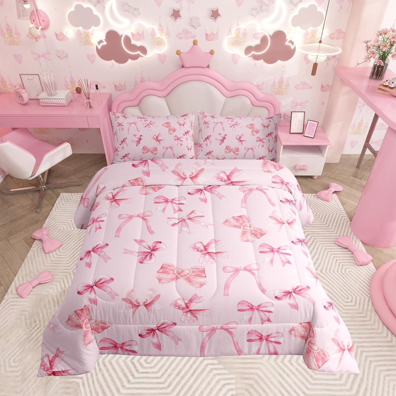 Floral Bowknot Comforter Set,Pink Bow Tie Print Bedding Set Cute Bow Flower Comforter Princess Style Bed Set for All Season