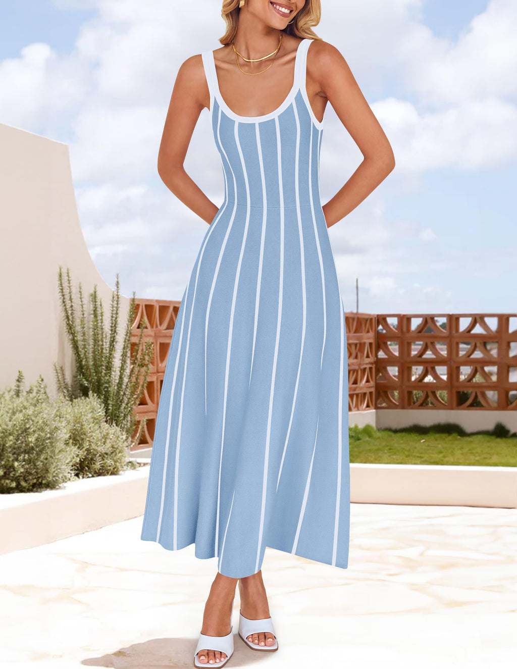 Wome's Summer Sleeveless Striped Midi Dress 2025 Knit Casual Elegant A Line Swing Long Dresses
