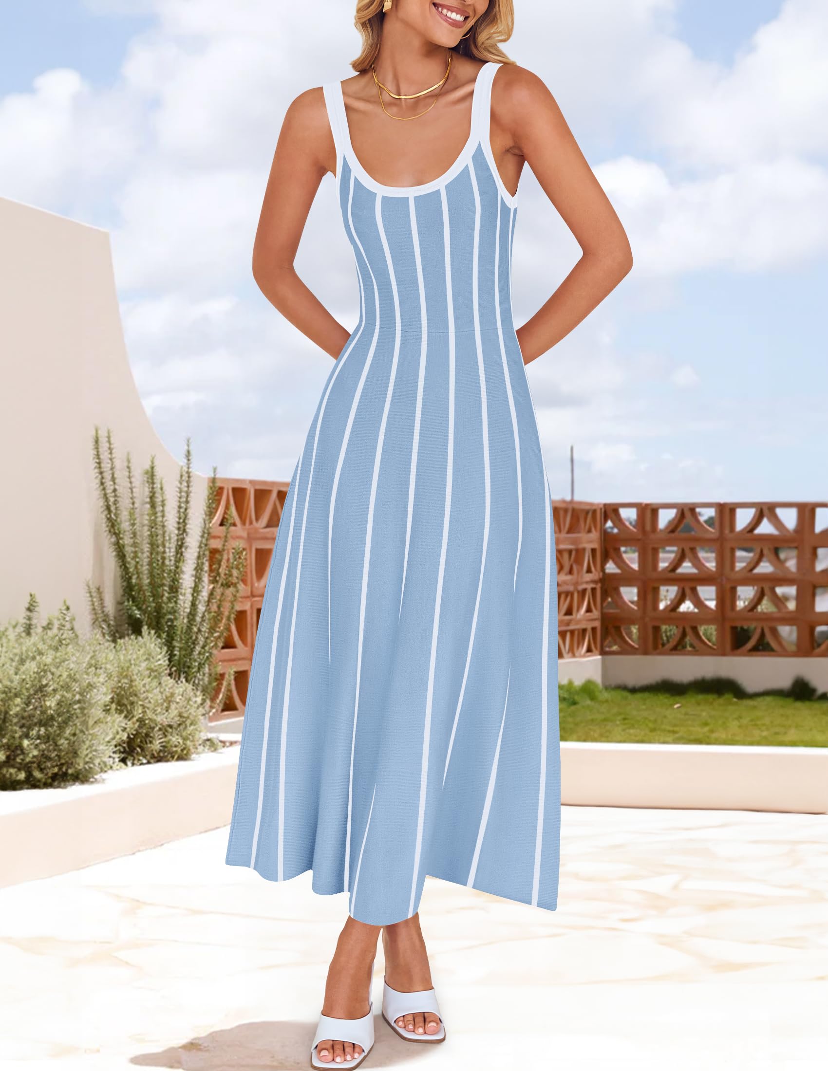 Wome's Summer Sleeveless Striped Midi Dress 2025 Knit Casual Elegant A Line Swing Long Dresses