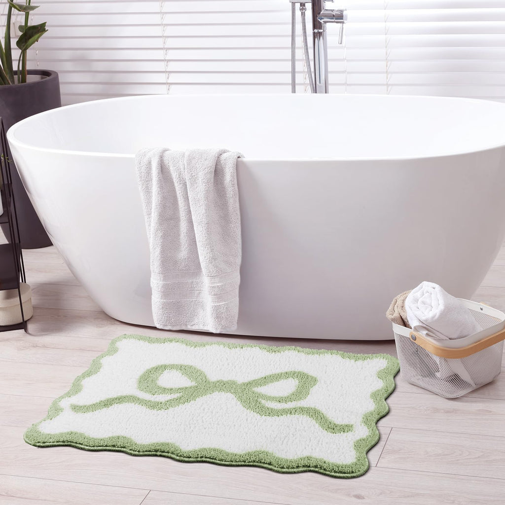 Scalloped Bow Bathroom Mat Non Slip Coquette Bow Rug Cute Aesthetic Scallop Carpet Preppy Room Decor Microfiber Absorbent Bath Rug for Bathroom Bathtub Shower Bedroom(Black,16" X 24")