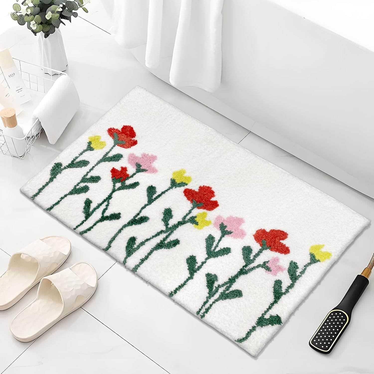 Spring Floral Bathroom Rugs, Cute Bath Mat Non-Slip Fluffy Absorbent Flower Bath Mat Machine Wash Floor Carpet for Decor, Shower, Bathtub, Sink 20x30 inches, Pink and White