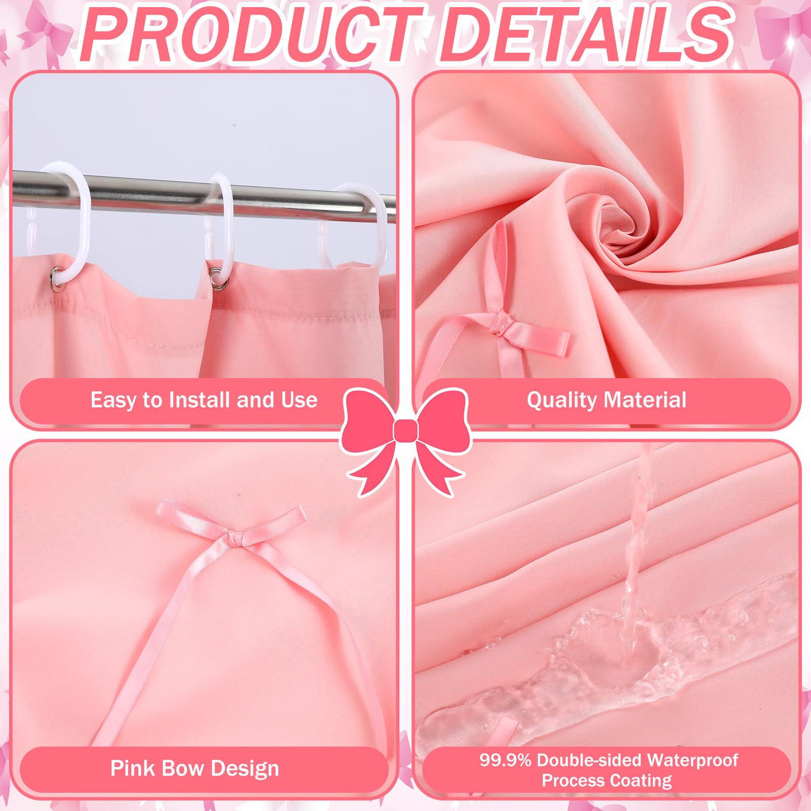 Cute Scalloped Bath Bow Shower Curtain with 12 Hooks Bowknot Waterproof Aesthetic Bathroom Decor for Women Girls Accessory, 72 Inches