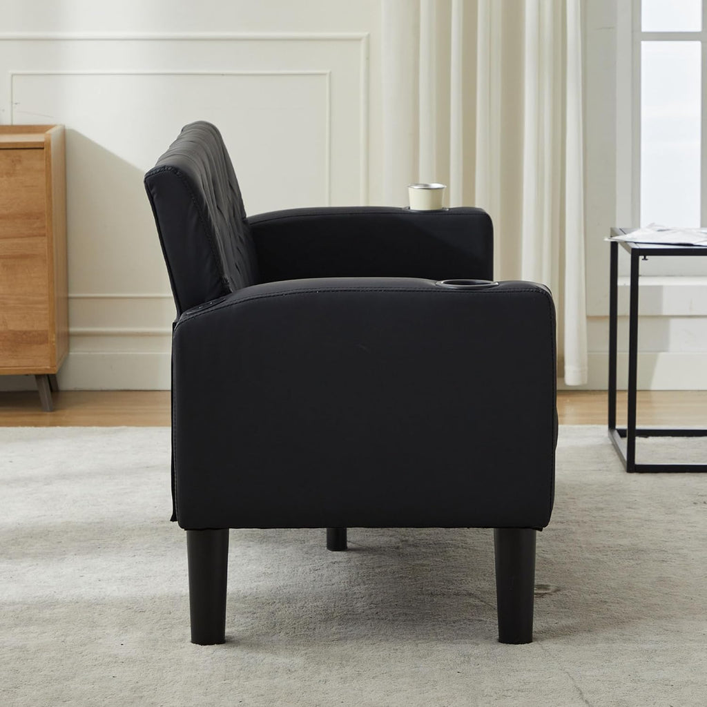 Velvet Loveseat Sofa w/ 2 USB Charger Ports and 2 Cupholders, Mid-Century Modern Tufted