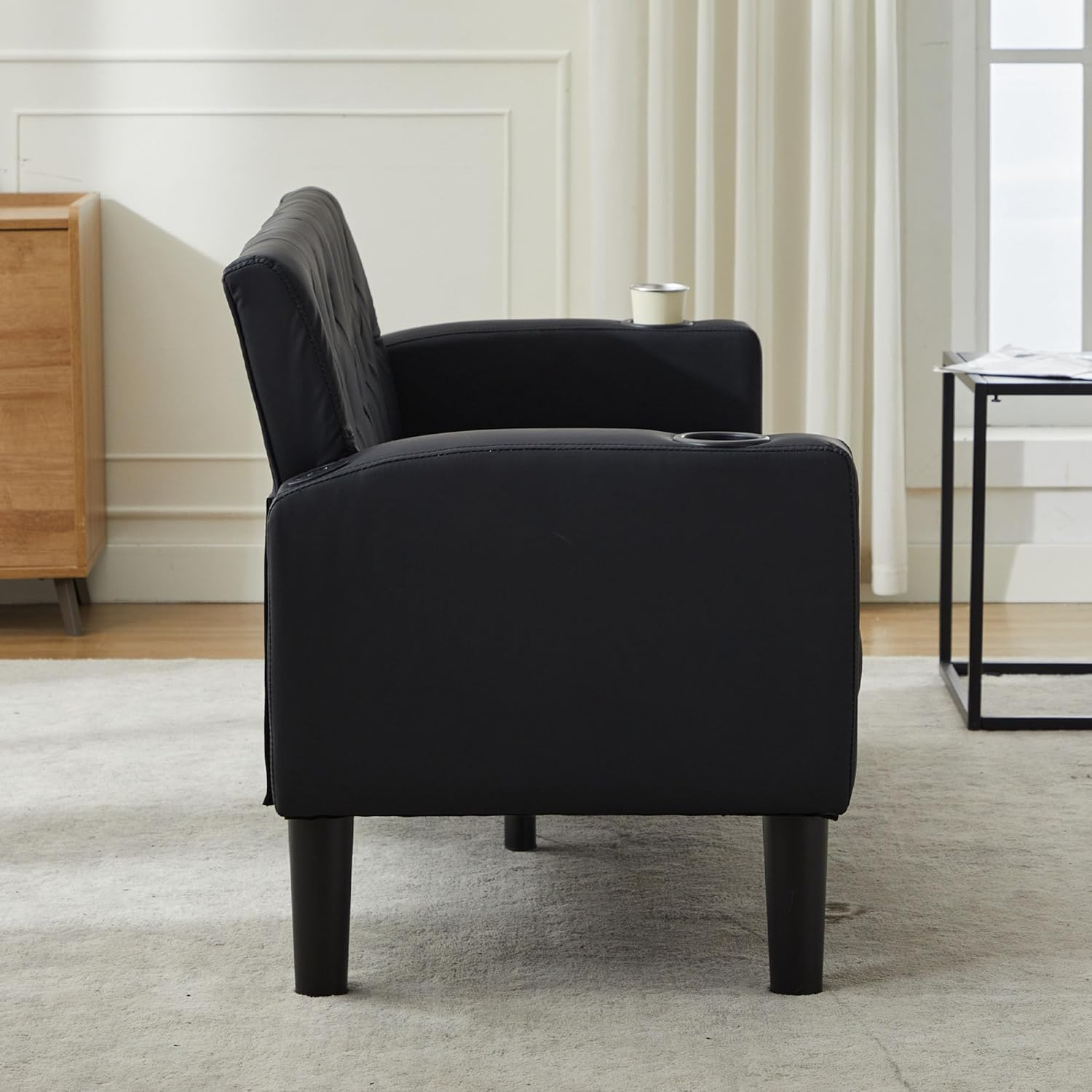 Velvet Loveseat Sofa w/ 2 USB Charger Ports and 2 Cupholders, Mid-Century Modern Tufted