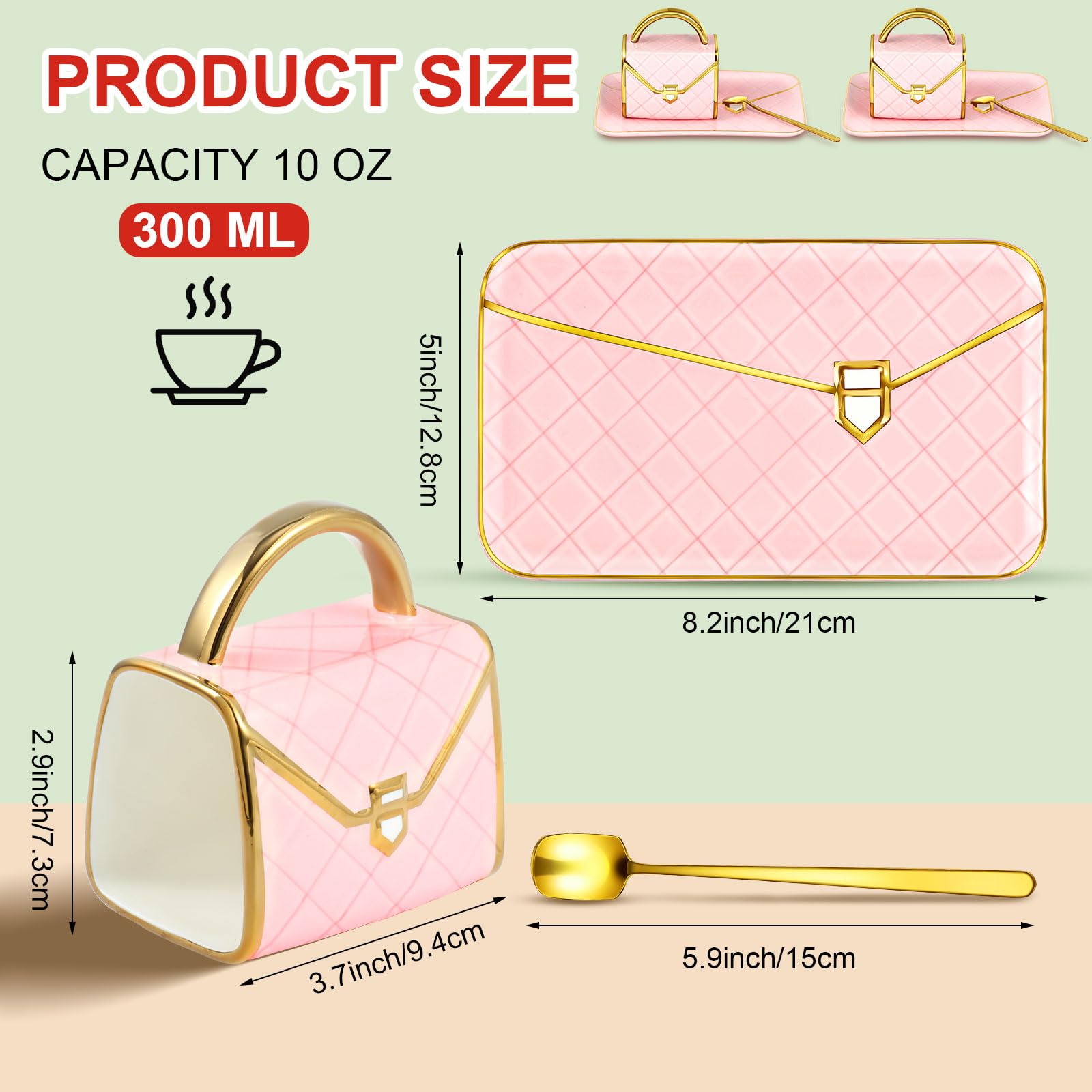 Set Coffee Mug Elegant Handbag Shaped Cup Modern Ceramic Purse Mug with Spoon and Saucer, 10oz Cute Creative Tea Cup