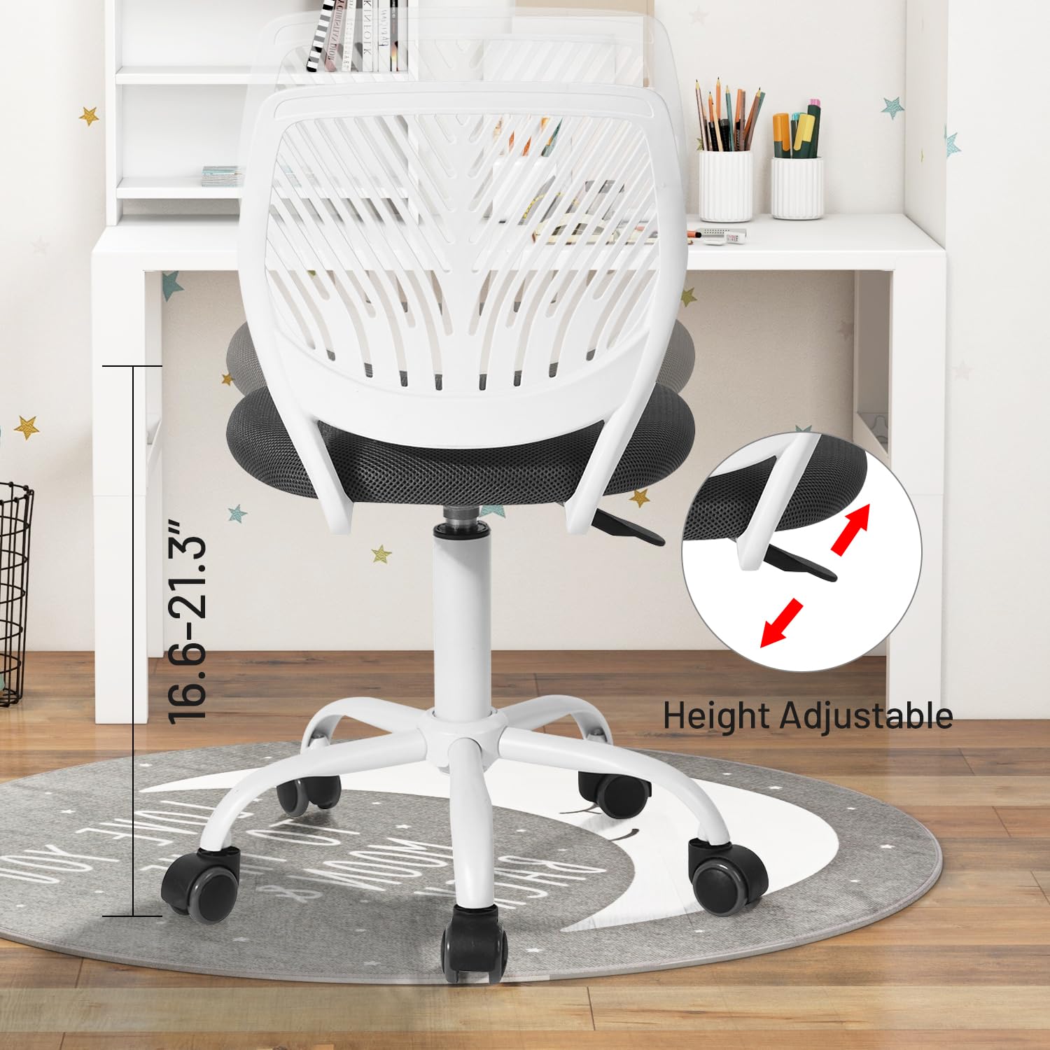 Study Desk Chair Armless Cute, Ergonomic Small Swivel Adjustable Rolling Lightweight Task Chair with Wheels and Mesh Padded Cushion