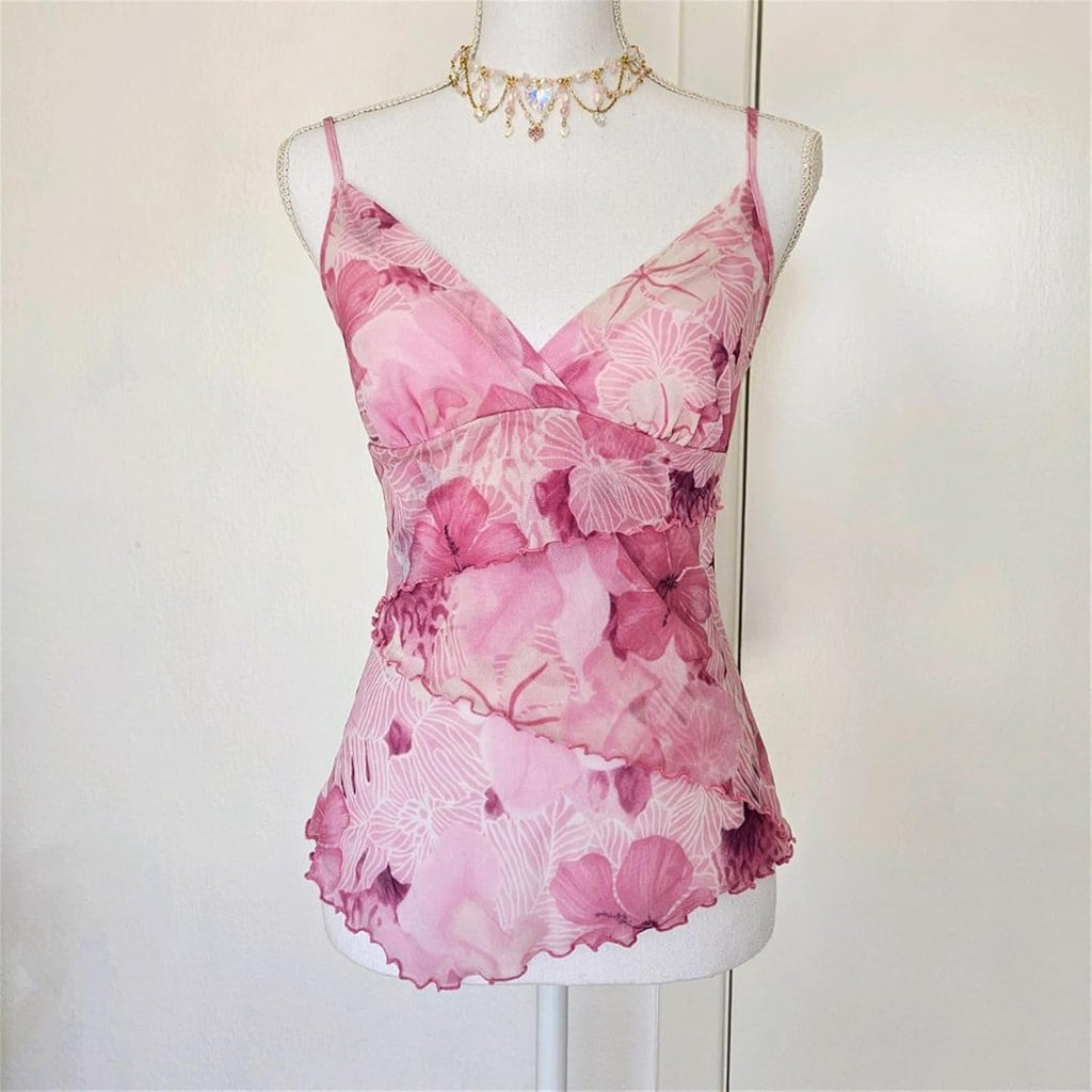 Women Deep V Neck Sexy Floral Y2k Cami Top - Slim Fit Ruffle Hem Flowy Spaghetti Strap Camisole