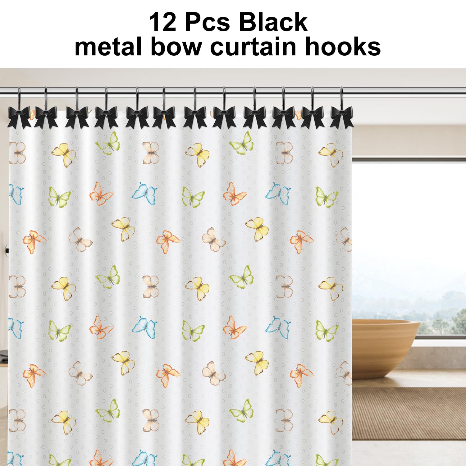 Metal Decorative Rings Bow Shower Curtain Hooks, Rustproof Bow Knot Design for Bathroom 12 Pack