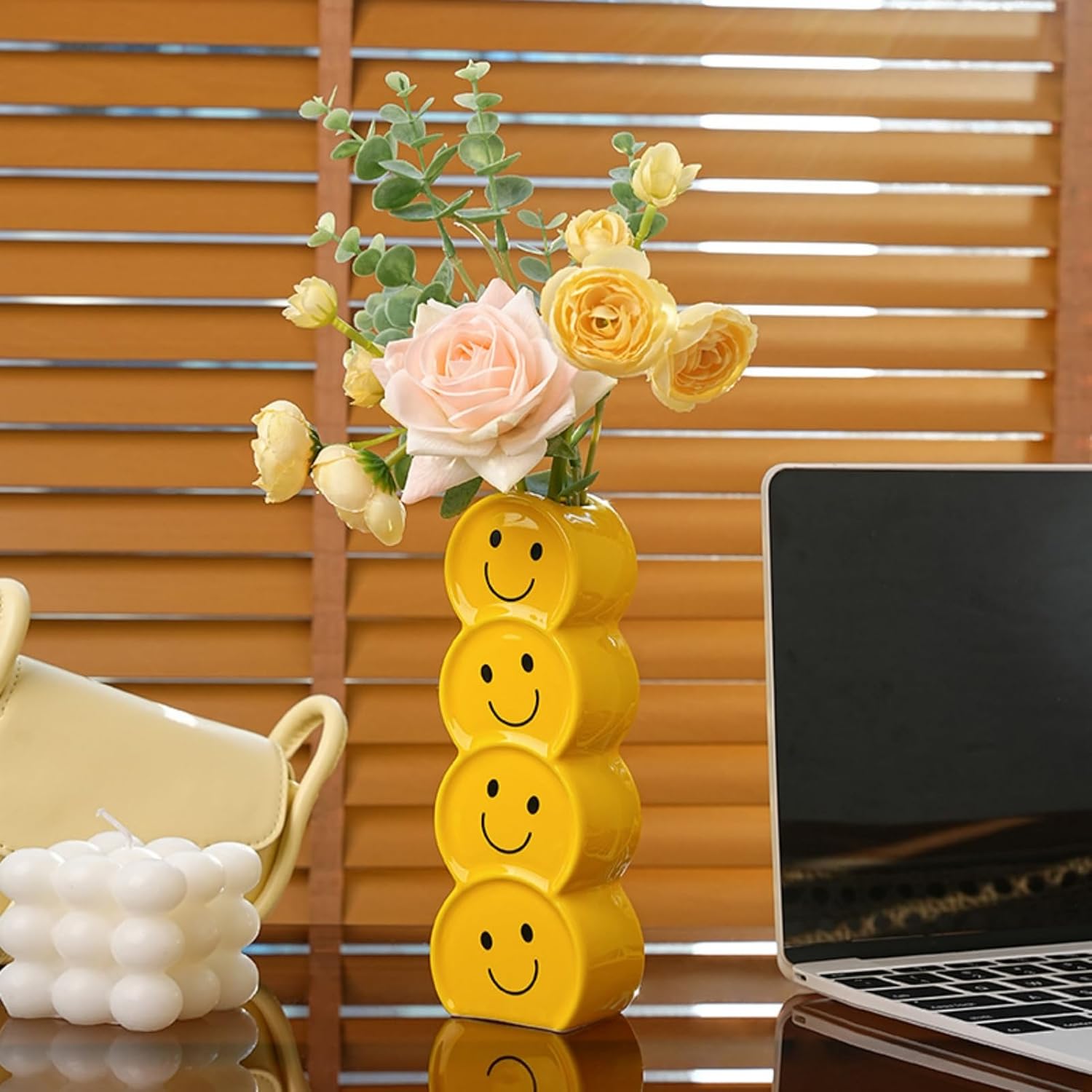 Smile Face Vase Yellow Ceramic Home Decor for Flowers and Plants,A Happy and Creative Small Vase Suitable for Modern Style, Good Mood.