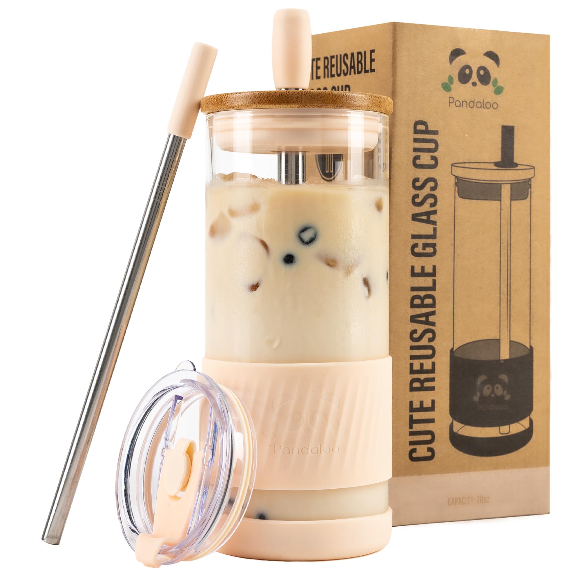 Pandaloo® Glass Cups With Lids and Straws -20 Fl Oz- Perfect Size Iced Coffee Cup - Smoothie Cup With Bamboo Lid and On the go Lid - Glass Tumbler With Straw