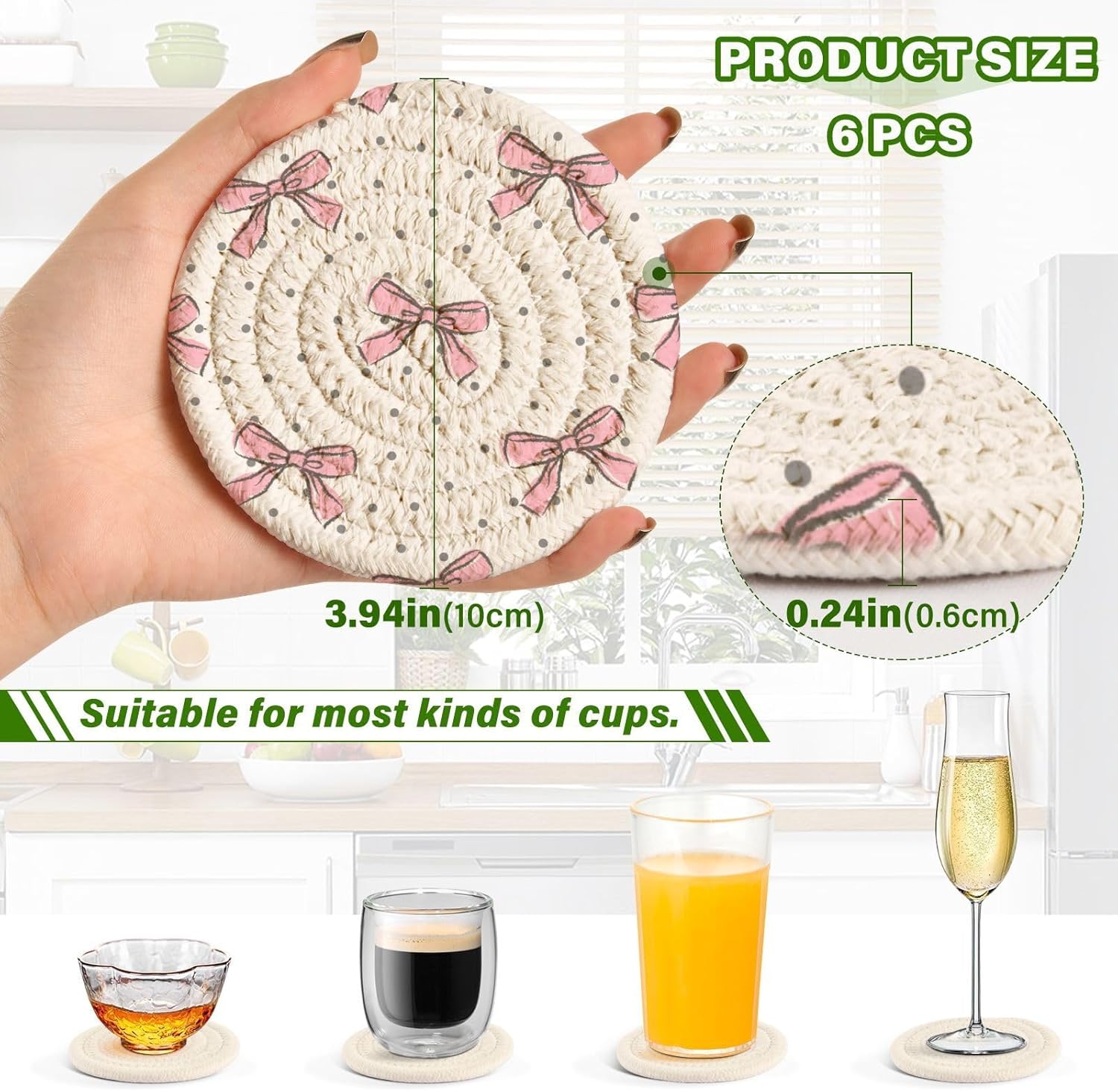 Pink Bow Woven Coasters Set â€?3.9" Absorbent, Heat-Resistant (6 pcs + Holder)