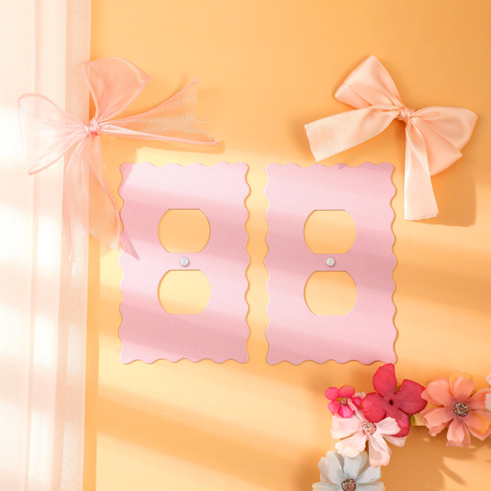 Pink Scalloped Duplex Outlet Covers Wall Plate Room Decor Metal Pink and White Cute Decorative Outlet Cover for Home Decor(Bow,2 Pcs)