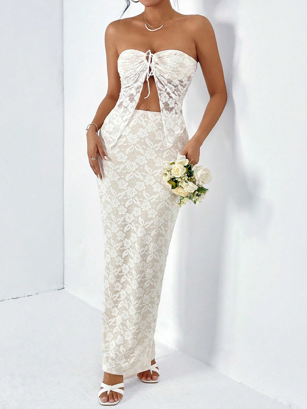 Women's 2 Piece Skirt Sets Lace Strapless Bandeau Tube Top and Bodycon Long Maxi Skirt Outfits