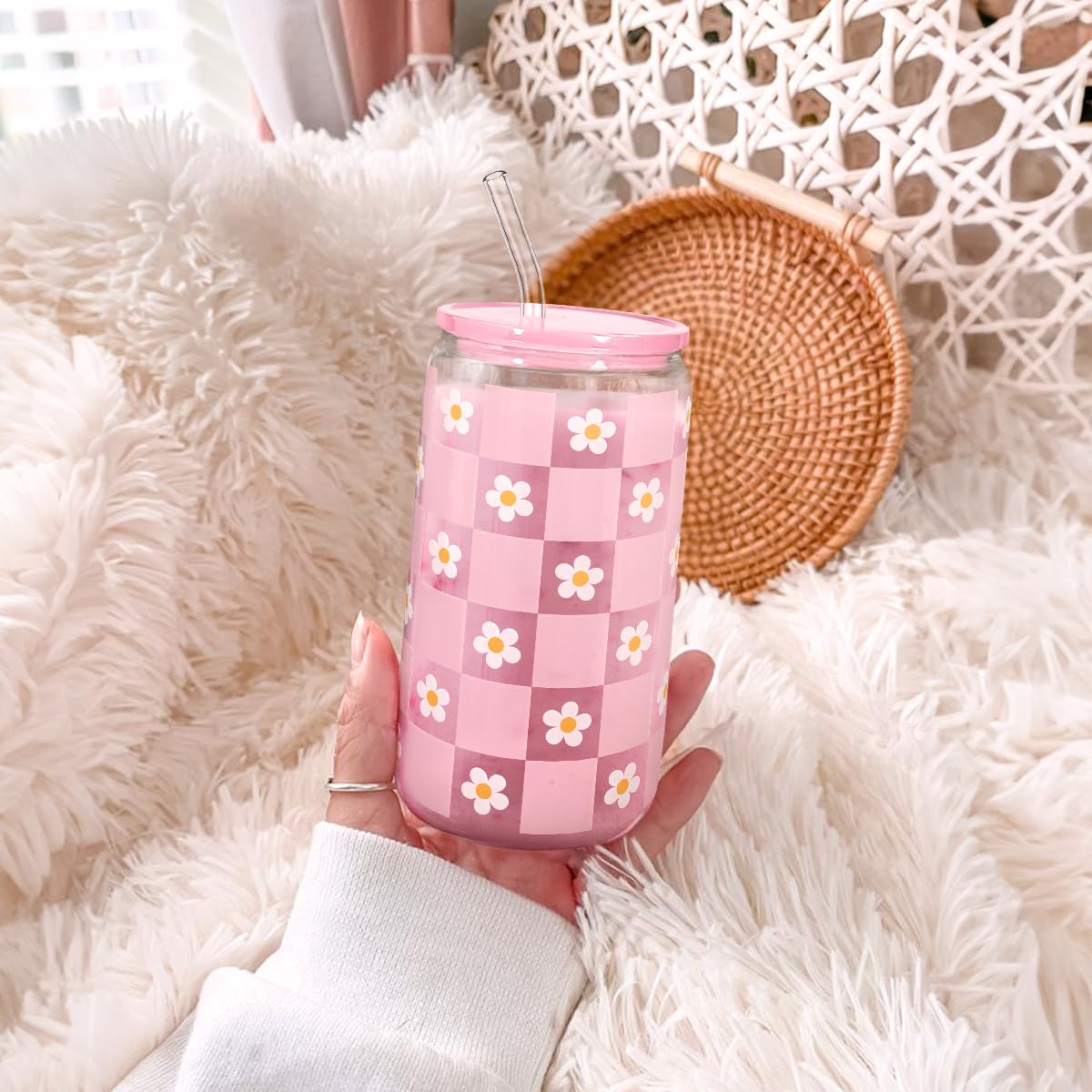 Glass Cup with Lid & Straw, Iced Coffee Aesthetic Glass Can, 16oz