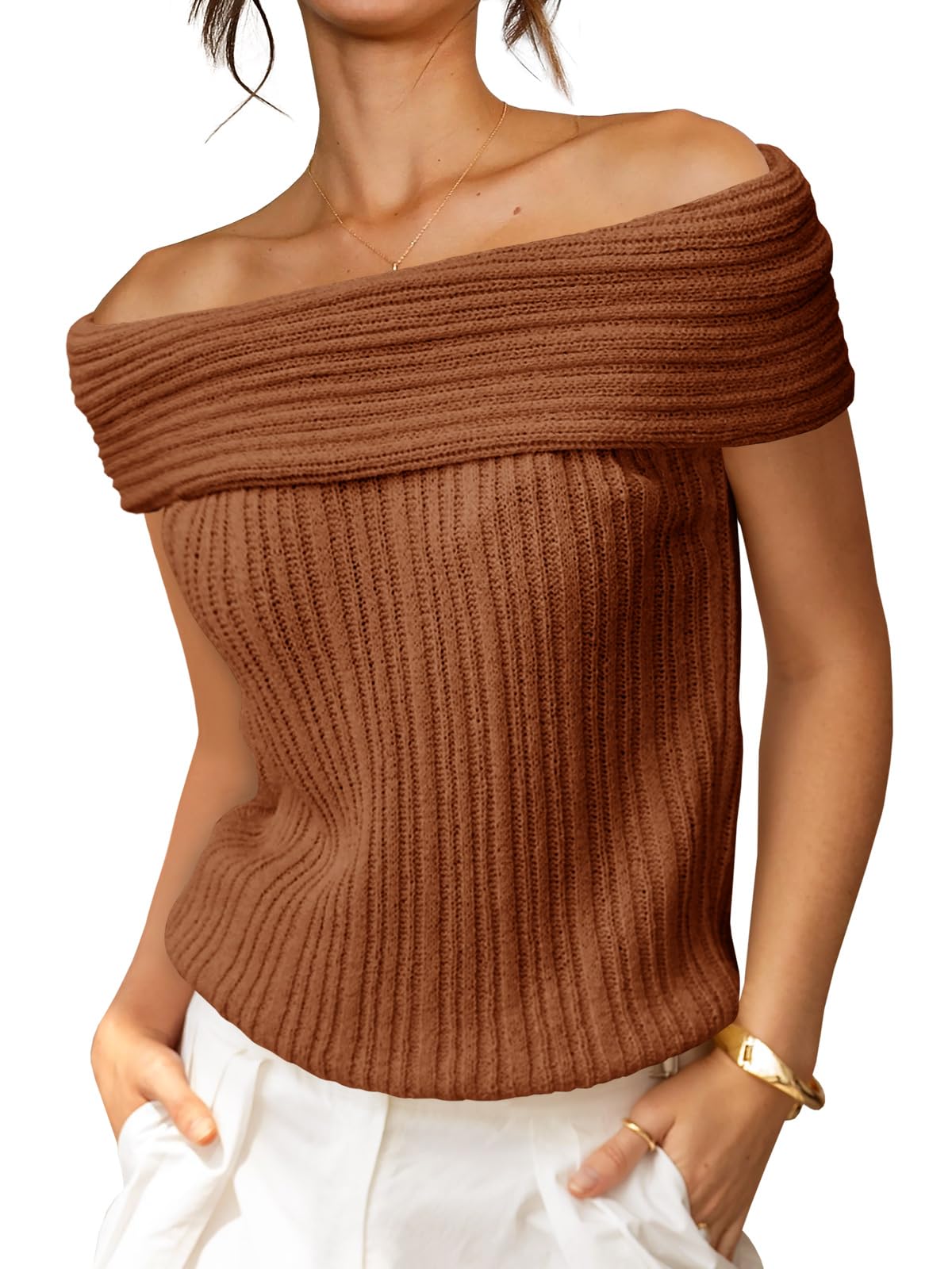 Womens Off The Shoulder Sweater Tops Summer Sleeveless Strapless Ribbed Sexy Pullover Shirts