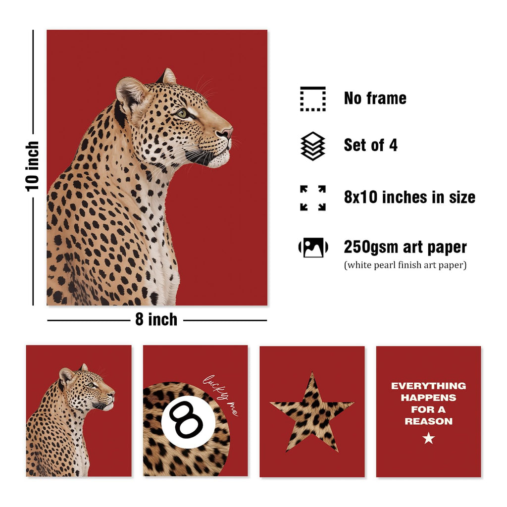 Trendy Leopard Wall Art Prints Set of 4 Funky Lucky 8 Ball Posters Prints Preppy Room Aesthetic Cheetah Wall Decor for Girls Room Dorm Apartment 8x10 Unframed