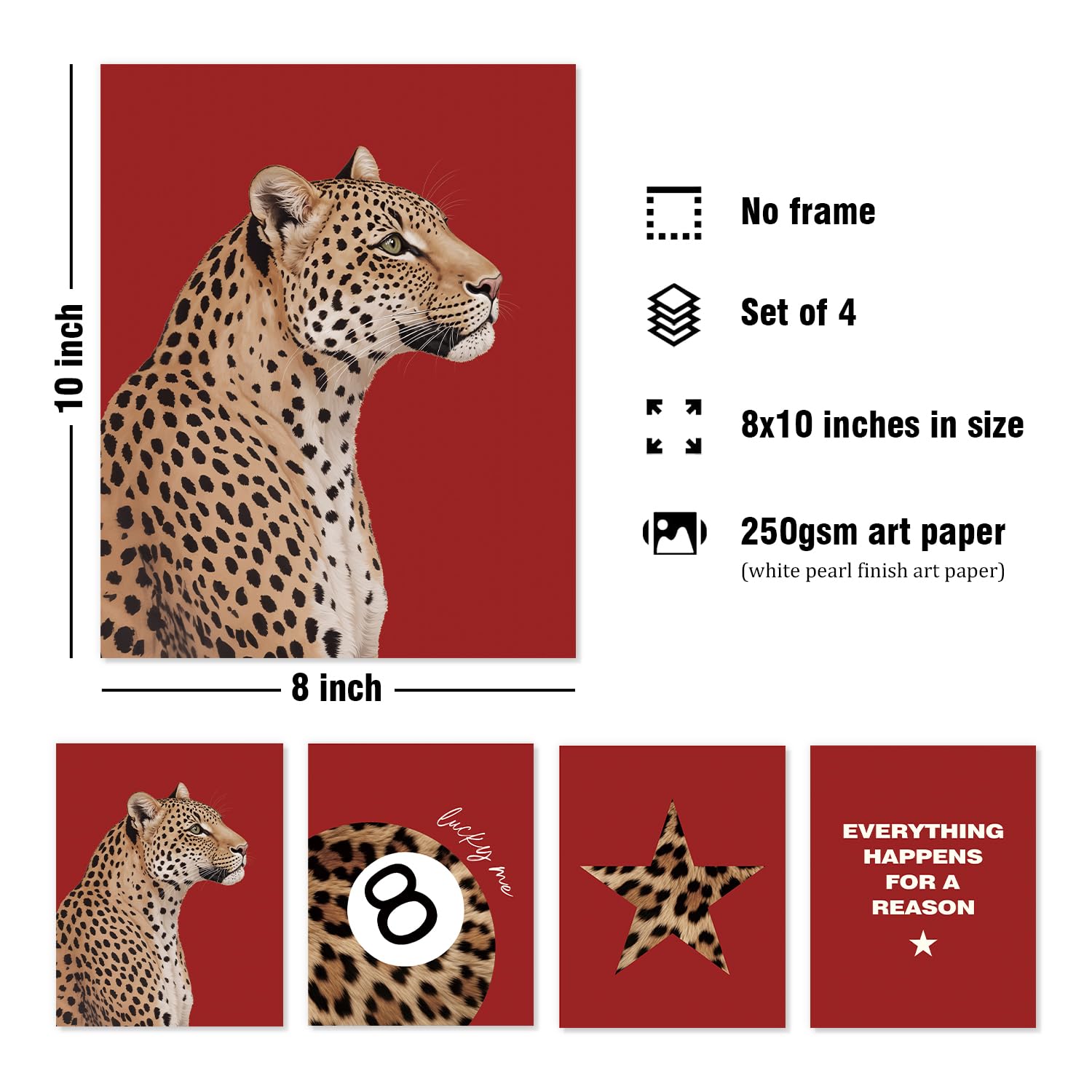 Trendy Leopard Wall Art Prints Set of 4 Funky Lucky 8 Ball Posters Prints Preppy Room Aesthetic Cheetah Wall Decor for Girls Room Dorm Apartment 8x10 Unframed