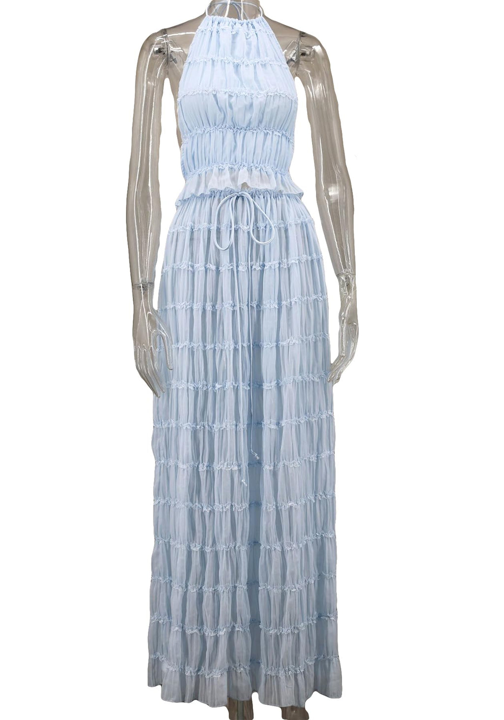 Skirt Sets Women 2 Piece Outfits Backless Halter Top And Pleated Ruffle Flowy Maxi Skirts Y2k Beach Vacation Set