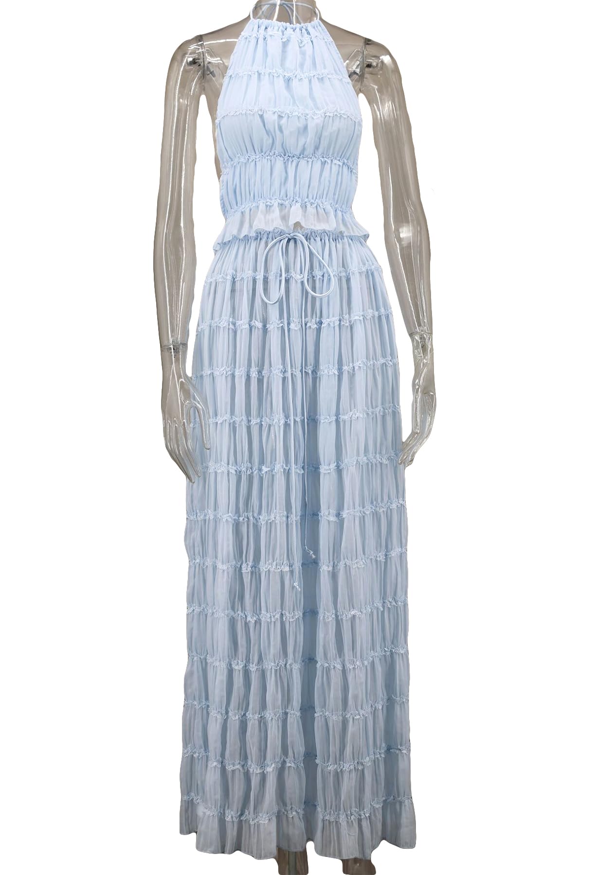 Skirt Sets Women 2 Piece Outfits Backless Halter Top And Pleated Ruffle Flowy Maxi Skirts Y2k Beach Vacation Set