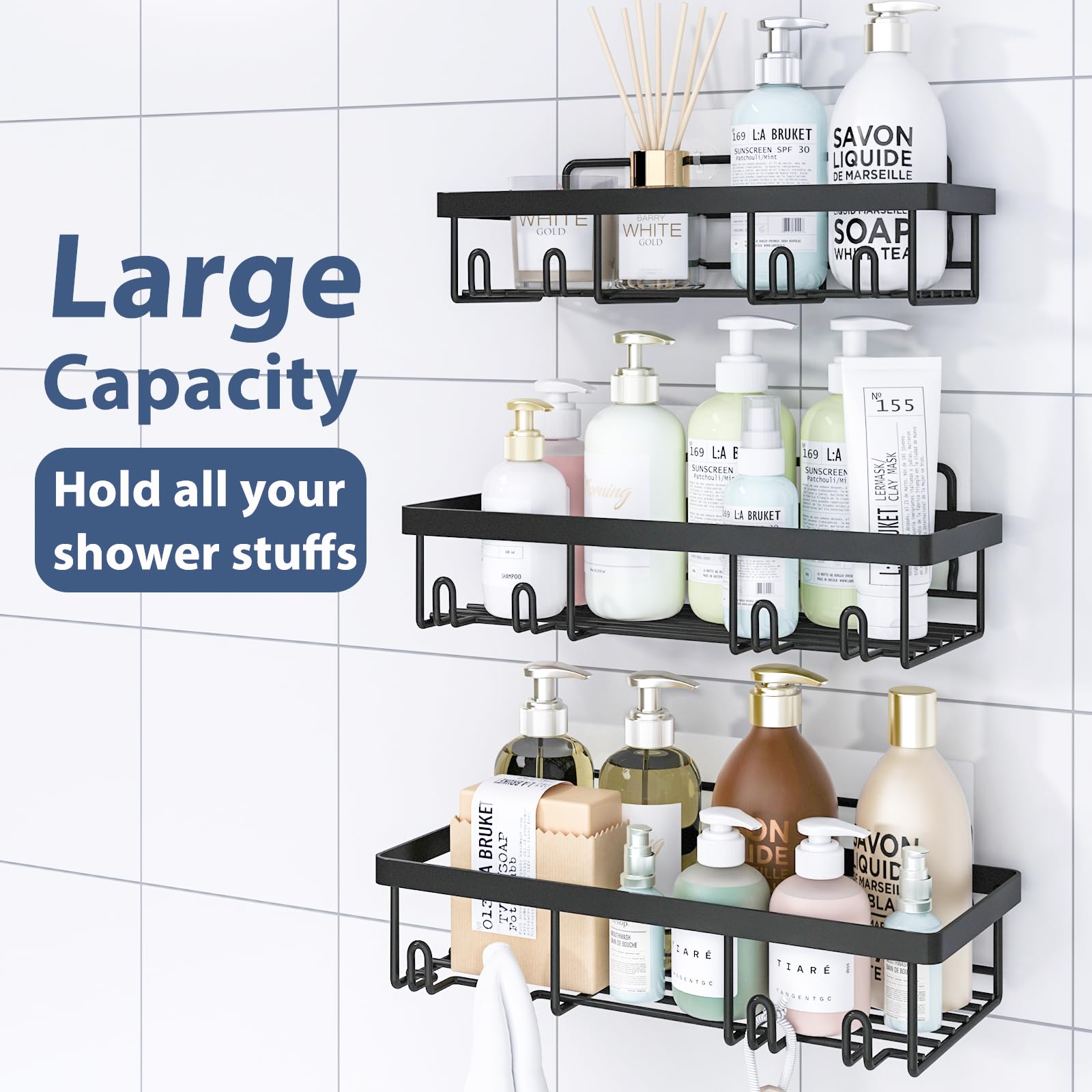 Shower Caddy Organizer Rack Shelf for Inside Shower, Adhesive Bathroom Wall Storage Basket Rustproof Stainless Steel