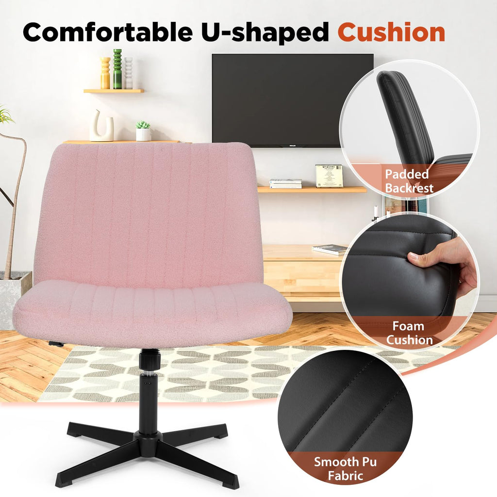 Criss Cross Chair, Armless Cross Legged Wide Comfty Desk Chair with No Wheels Modern Height Adjustable, Swivel Fabric Vanity Chair
