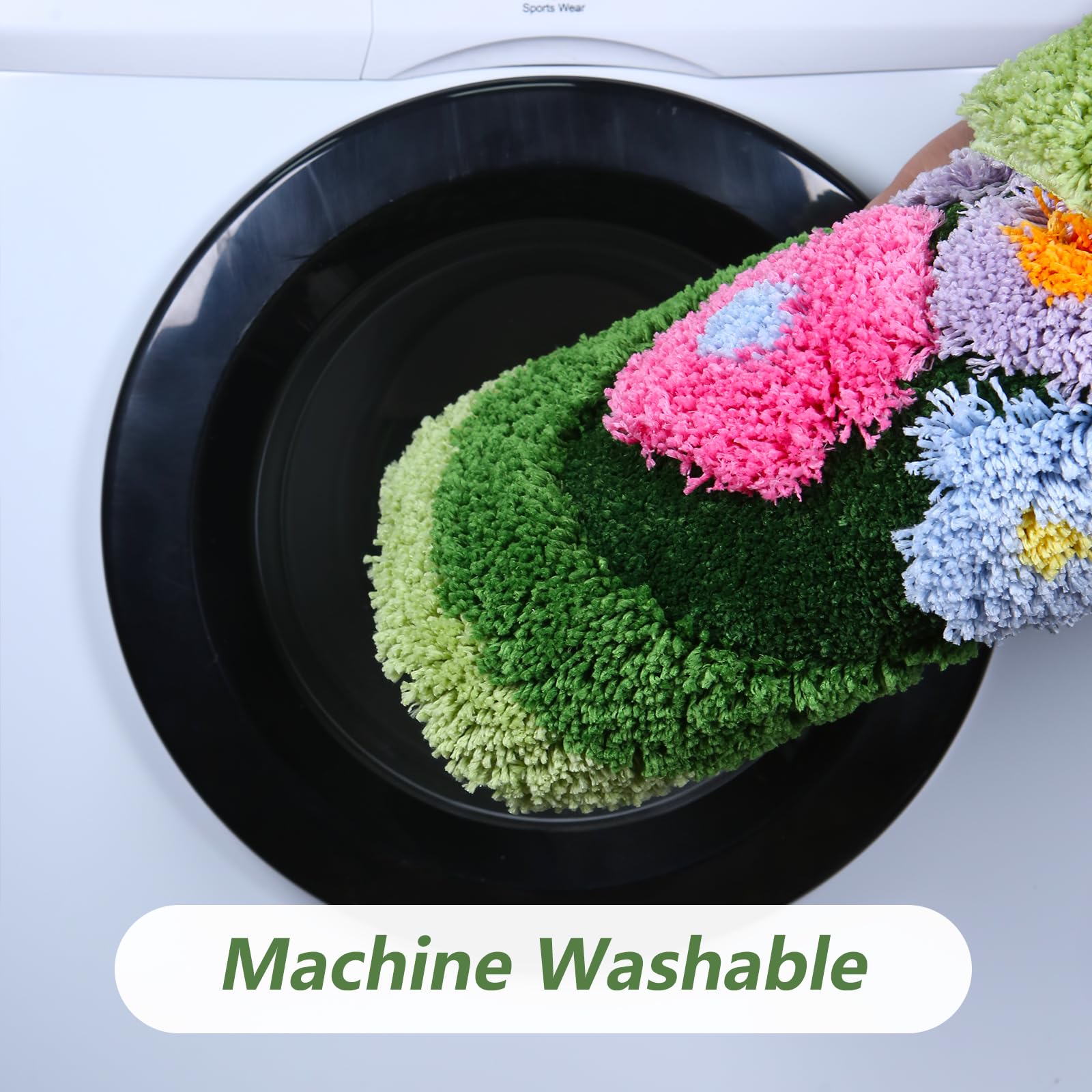 Moss Green Toilet Rugs, Luxury Tufted Extra Thick U-Shaped Toilet Rug,Cute Flower Green Moss Bath Mat Non Slip - Washable Water Absorbent Shag Bathroom Rugs for Bath