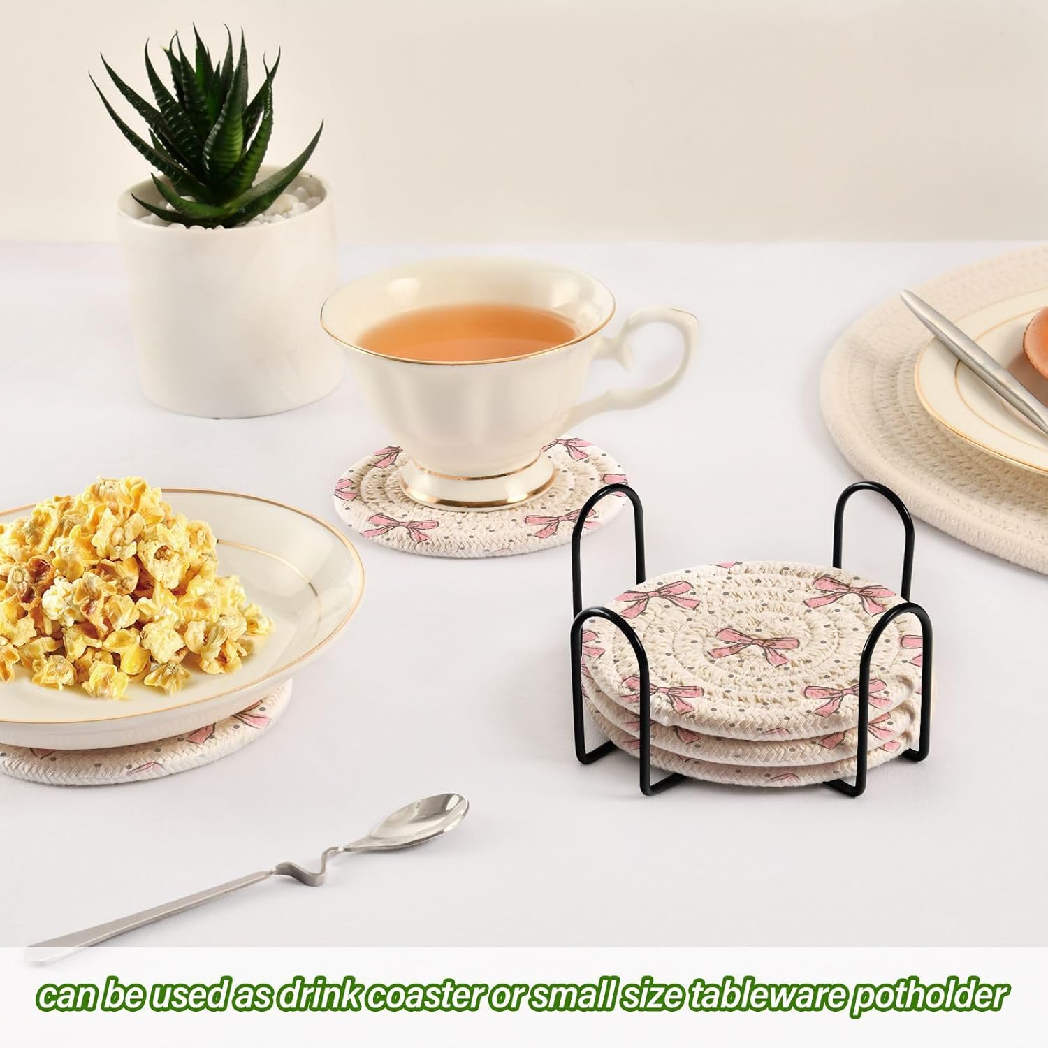 Pink Bow Woven Coasters Set â€?3.9" Absorbent, Heat-Resistant (6 pcs + Holder)