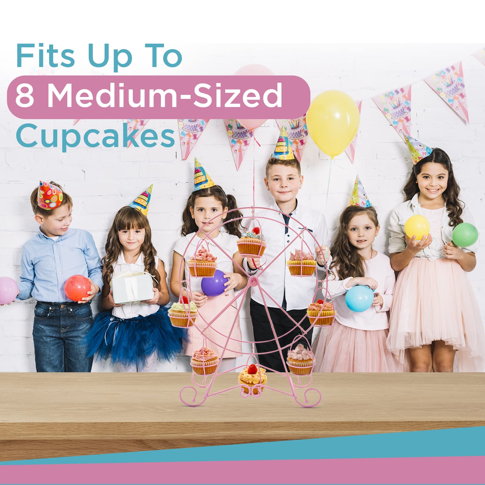 Ferris Wheel Cupcake Stand - Decorative Cupcake Holder for Parties - Spinning Display for Serving Pastry, Treats & Desserts - Easy-to-Clean, Fits 8 Medium Cupcakes - 14x4x17