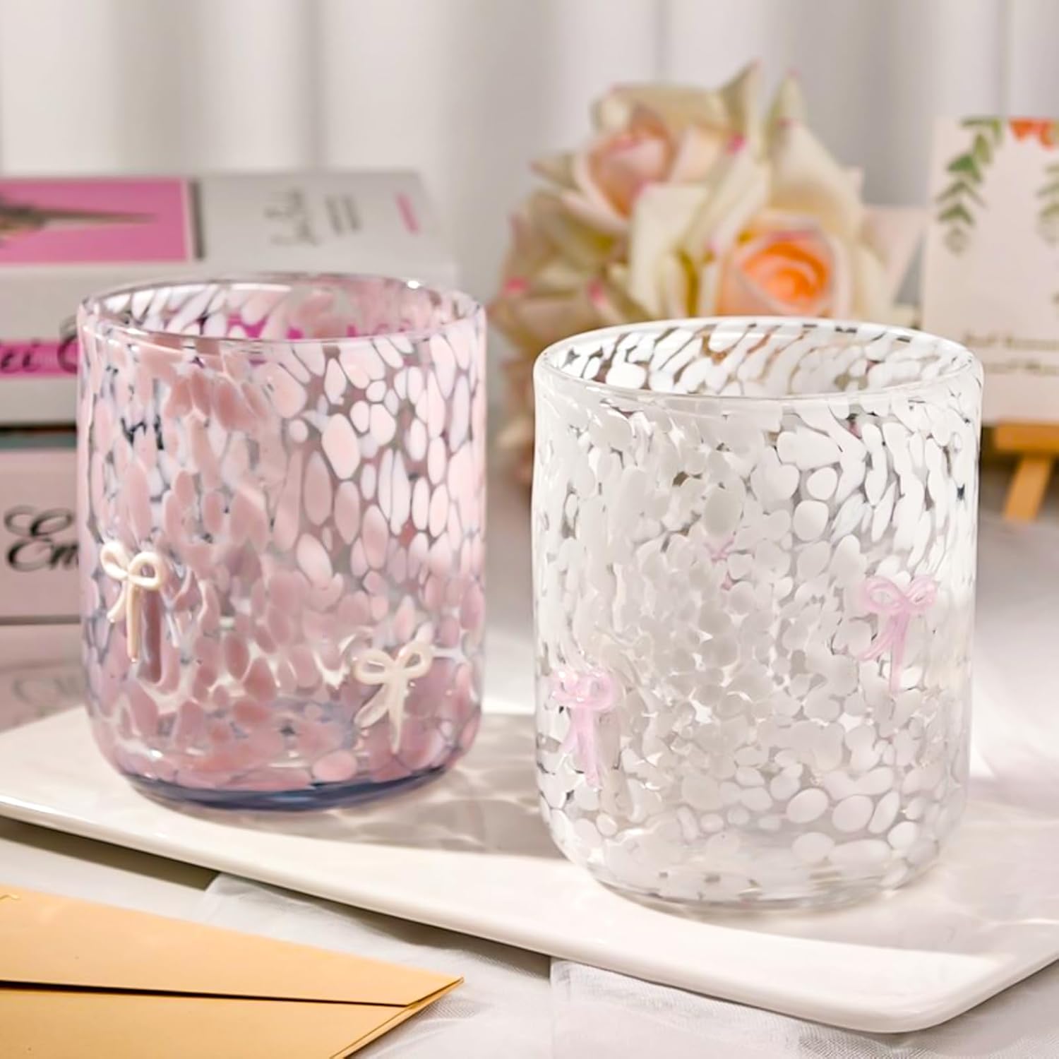 Coquette Aesthetic 2 Pack Bow Juice Glasses Glass Cups 14 oz Double Old Fashioned Icon Handblown Stemless Wine Glasses Cute Pink Glass