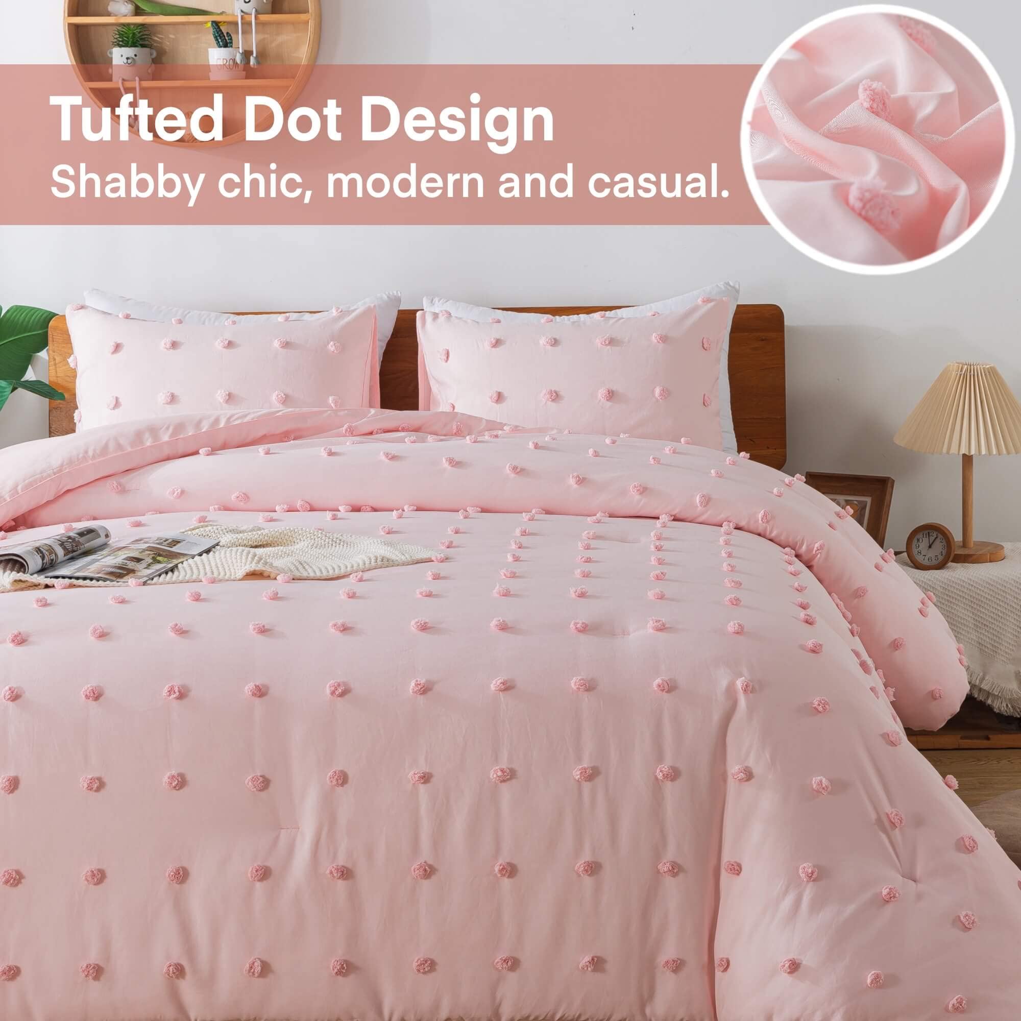 Comforter Set, 2 Pieces- Soft Cotton Lightweight Comforter with 1 Pillowcase, Chenille Dots All Season Down Alternative Comforter Set for Bedding