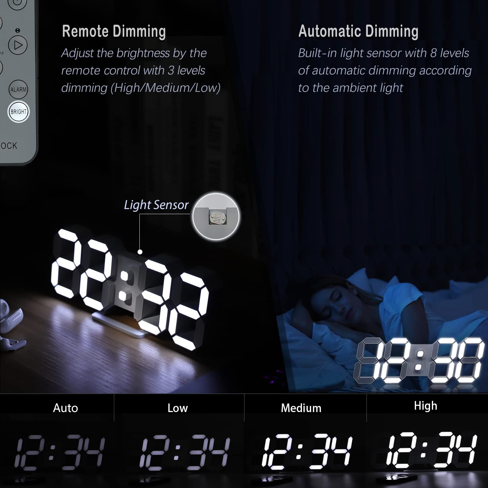 LED 3D Wall Clock 9.7" Clock with Remote/Dimming/12/24H/Temp/Alarm Clock/Date