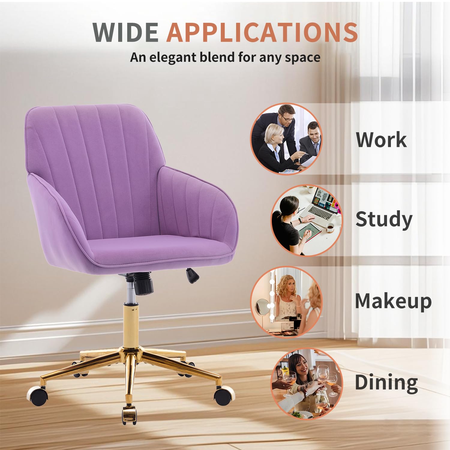 Modern Vanity Velvet Adjustable Low Back Rolling Chair, Twill Upholstered Cute Chair with Wheels