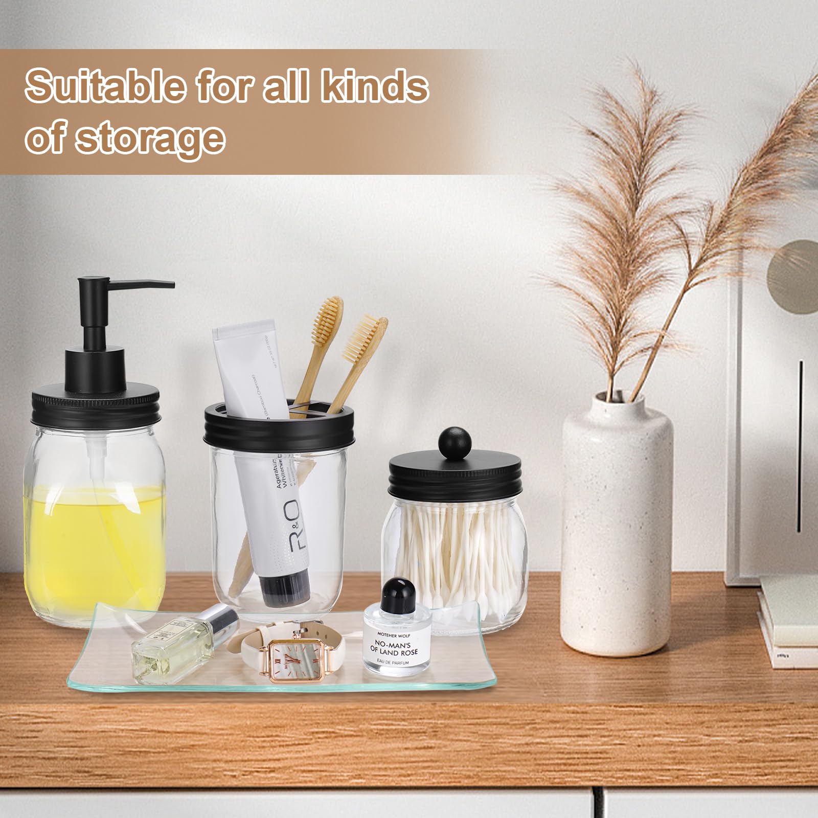 Glass Bathroom Accessories Set 4PCS Bathroom Accessories Set with Soap Dispenser Toothbrush Holder Qtip Holder & Vanity Tray