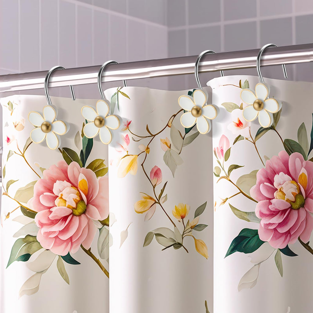 Cute Flower Shower Curtain Hooks, Pretty Floral Themed Elegant Bathroom Decor