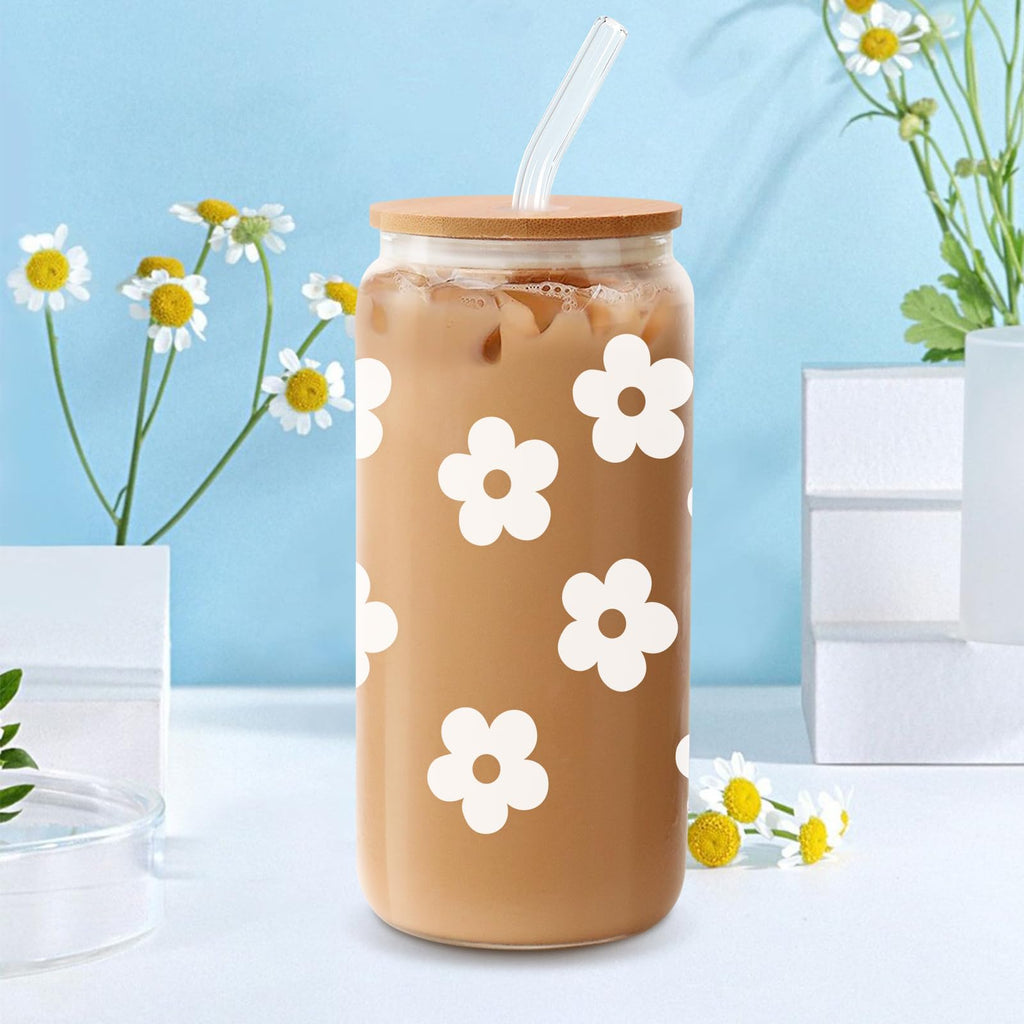 Daisy Glass Cup with Lid & Straw, Cute, 16oz