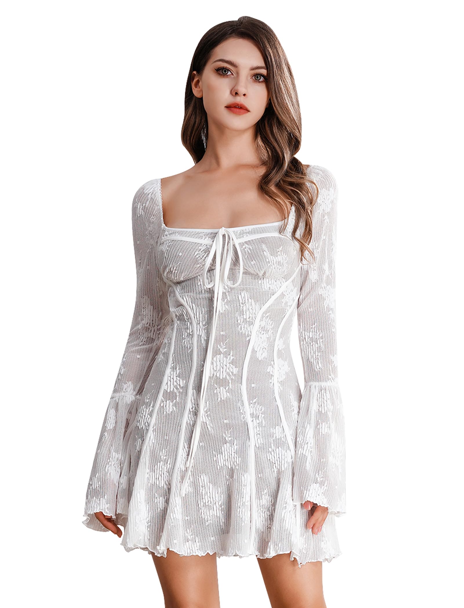 Women's Square Neck Corset Mini Dress Vintage Floral Lace Bell Sleeve Dress Y2K Short Ruffle Dresses