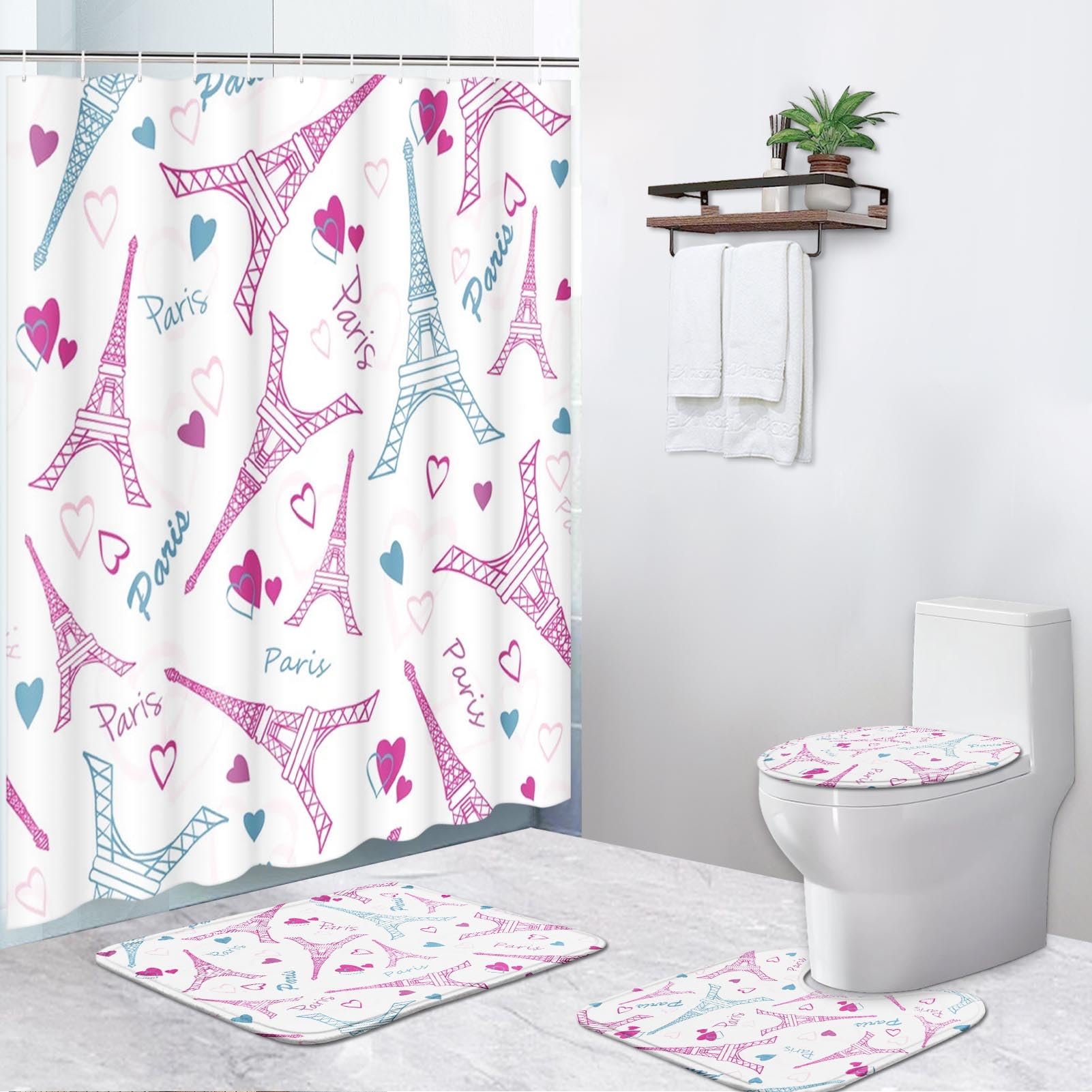 Vintage 4 Pcs Bathroom Sets with Shower Curtain and Rugs, Shower Curtain Sets for Bathroom Decor with 12 Hooks
