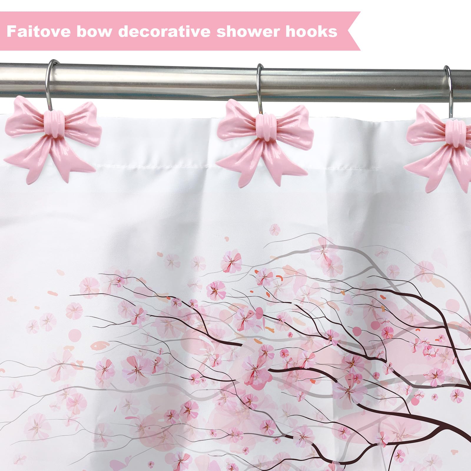 Decorative Pink Cute Bow Knot Shower Curtain Rings Resin Hanger for Girls Princess-Themed Bathroom Art Decor 12 PCS