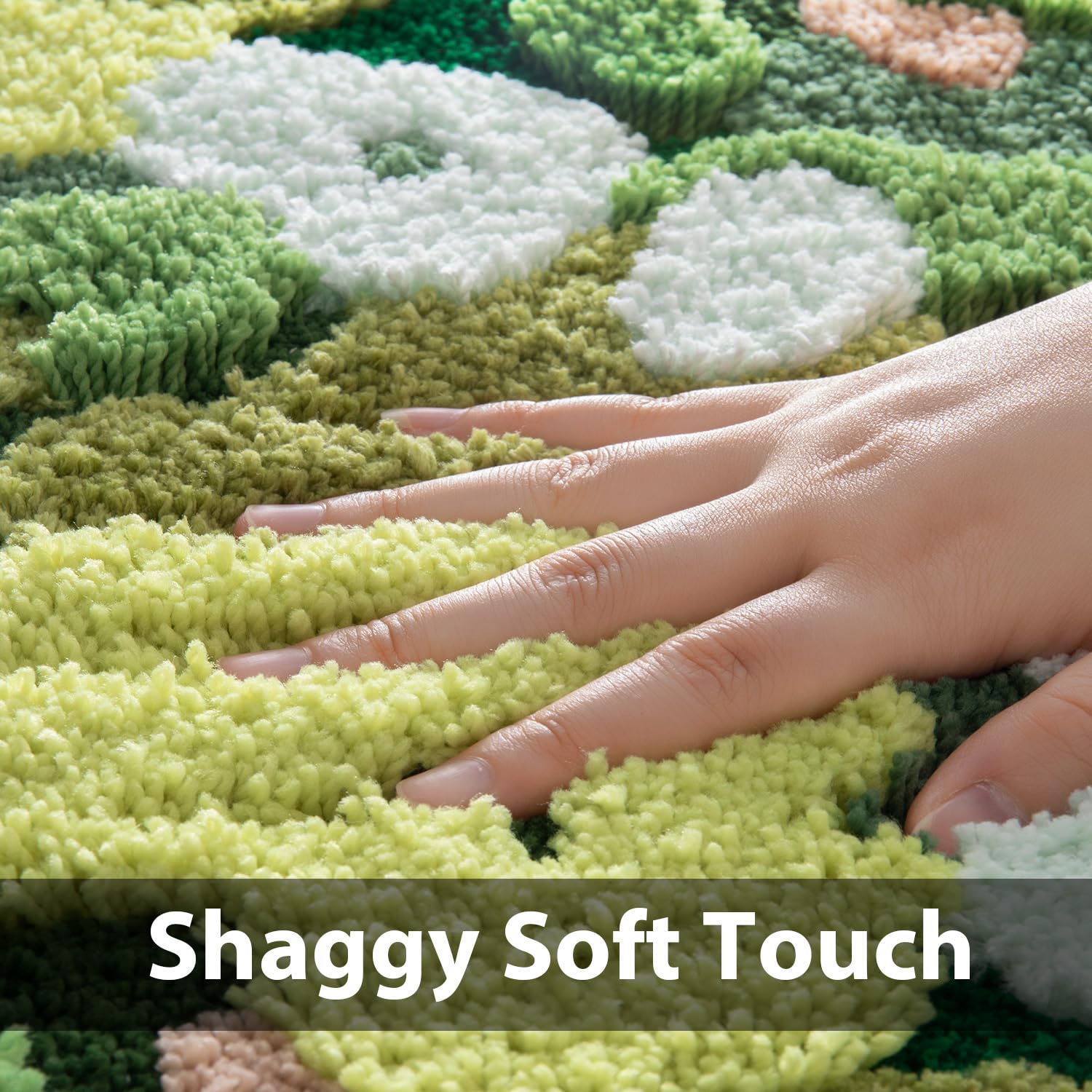 Green Moss Bathroom Rugs Bath Mat Non Slip, Ultra Soft Absorbent Aesthetic Decor Shaggy Tufted Flower Long Bath Rugs