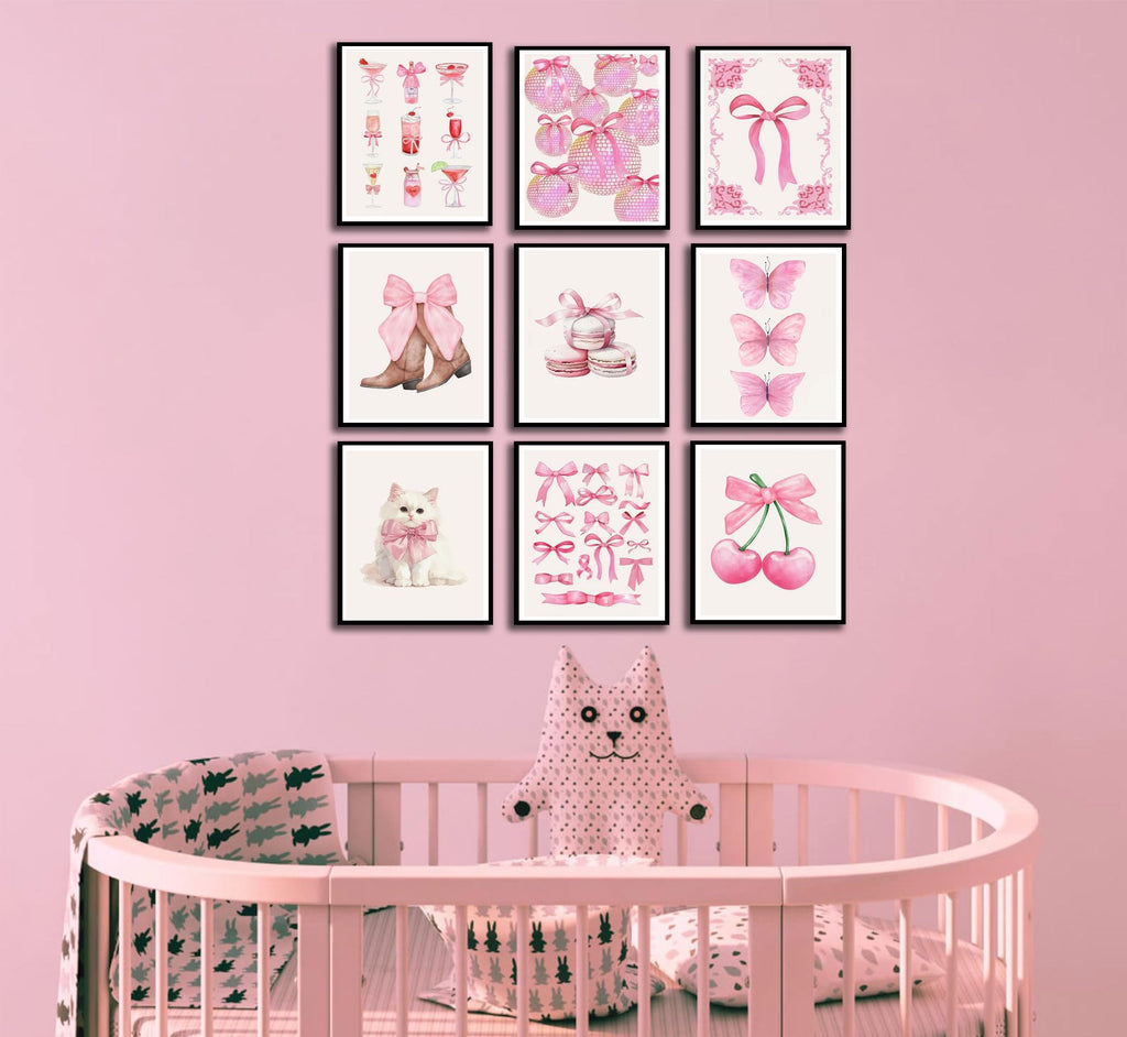Pink Bows Canvas Wall Art Trendy Coquette Bow Cute Cat Wall Decor