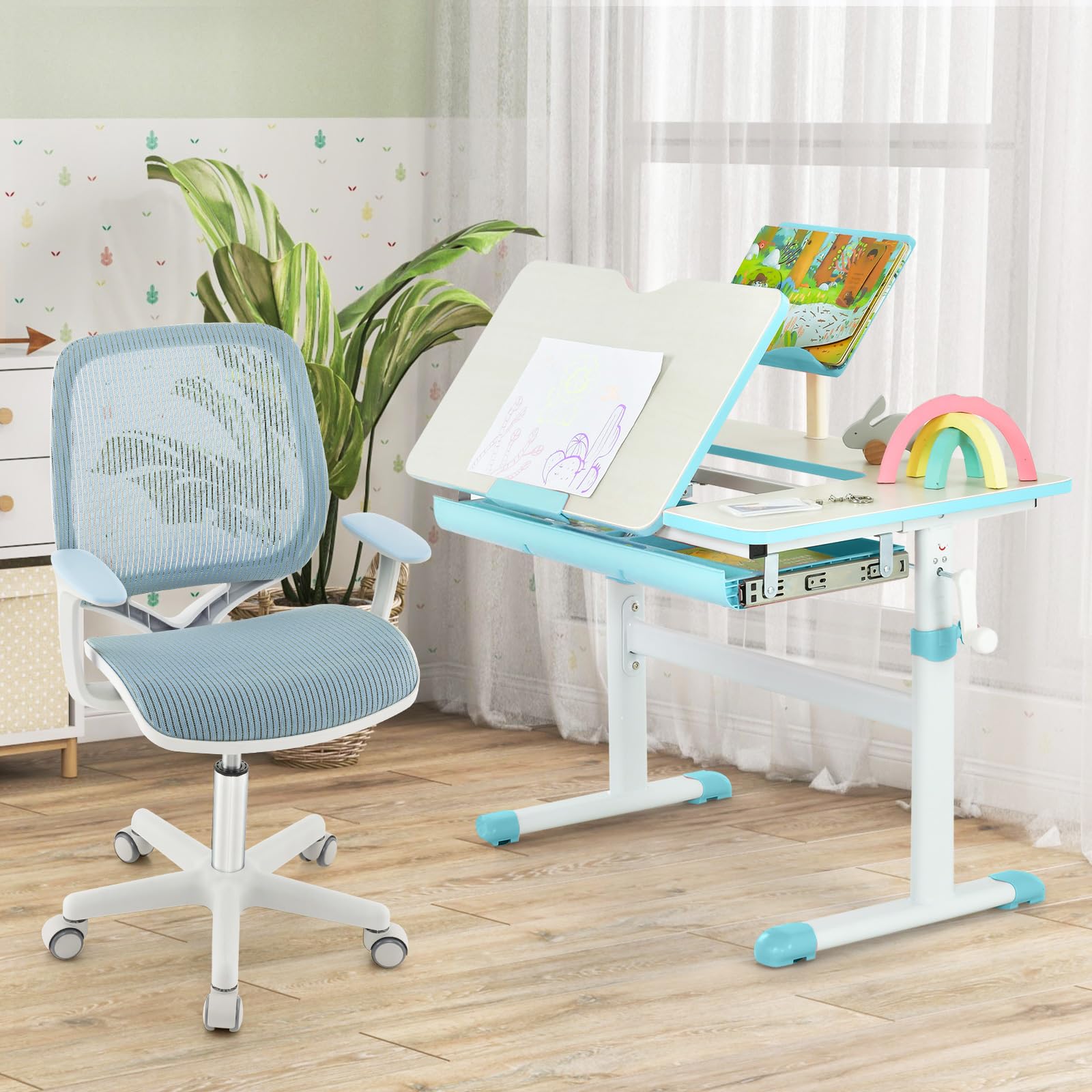 Swivel Mesh Task Chair Height Adjustable Children Study Computer Chair with Armrests, Sit-Brake Casters