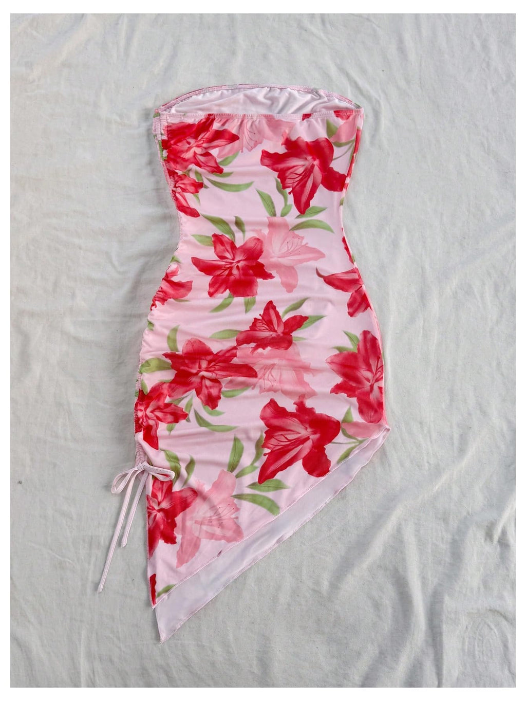 Women's Floral Print Tube Dress Ruched Drawstring Slit Hem Mini Dresses