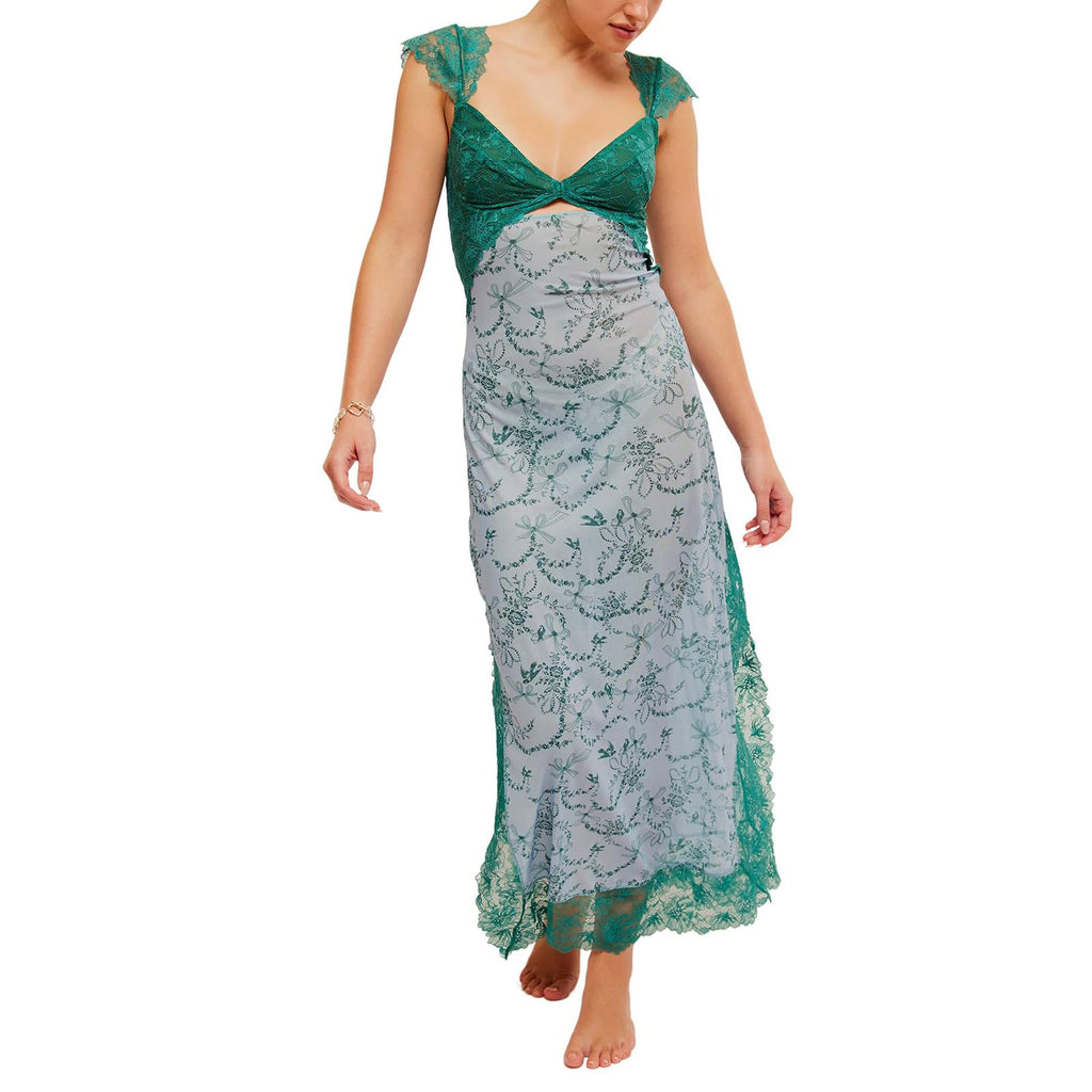 Women Sleeveless Maxi Dress Backless Bodycon Floral Printed Spaghetti Strap Long Dress Sheer Mesh Summer One-Piece