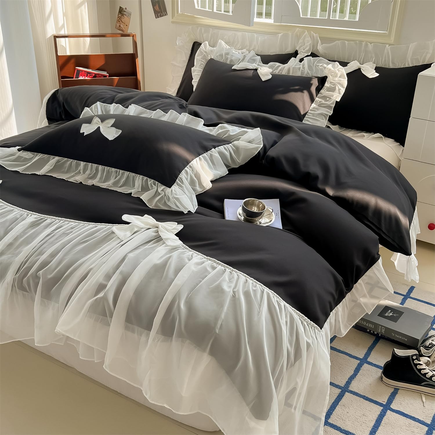 Girls Lace Bedding,Queen Comforter Cover Set, Chic Ruffled Duvet Cover with Lovely Bow,Princess Style 1 Duvet Cover with 2 Pillowcases, No Comforter-Hot Pink,Full Size