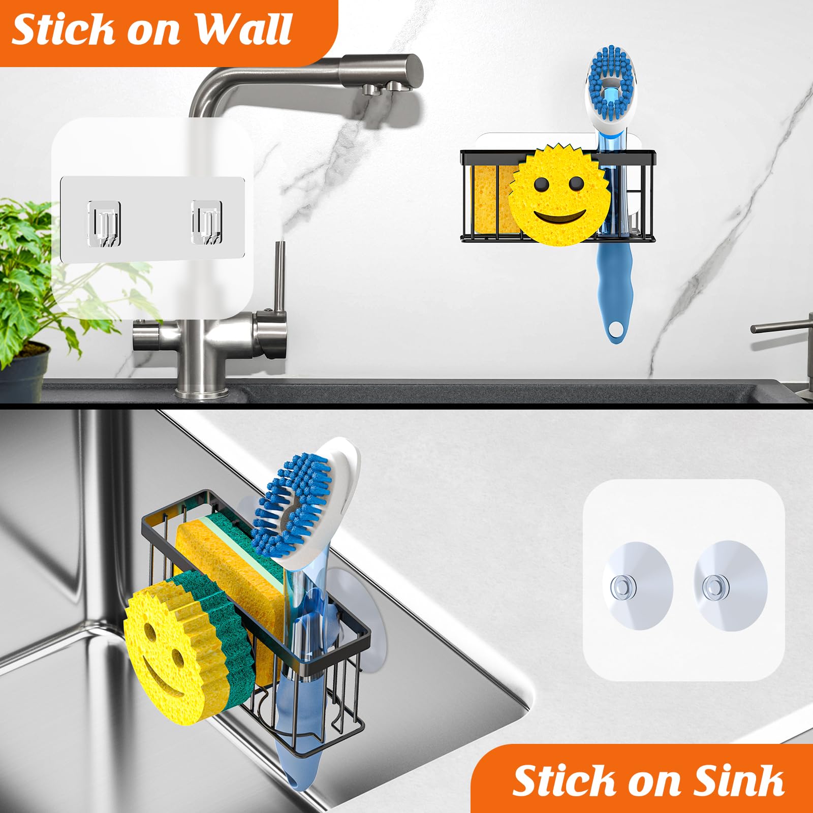Sponge Holder Smiley Face, Sink Caddy for Kitchen Organizer Sponge Holder with 2 PCS Suction Cups/1 PCS Adhesive Strips